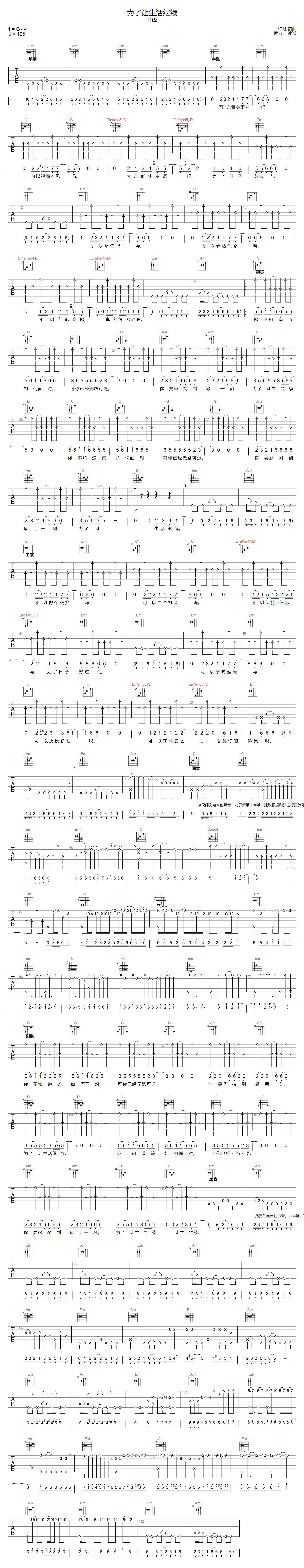 为了让生活继续吉他谱-汪峰-G调指法