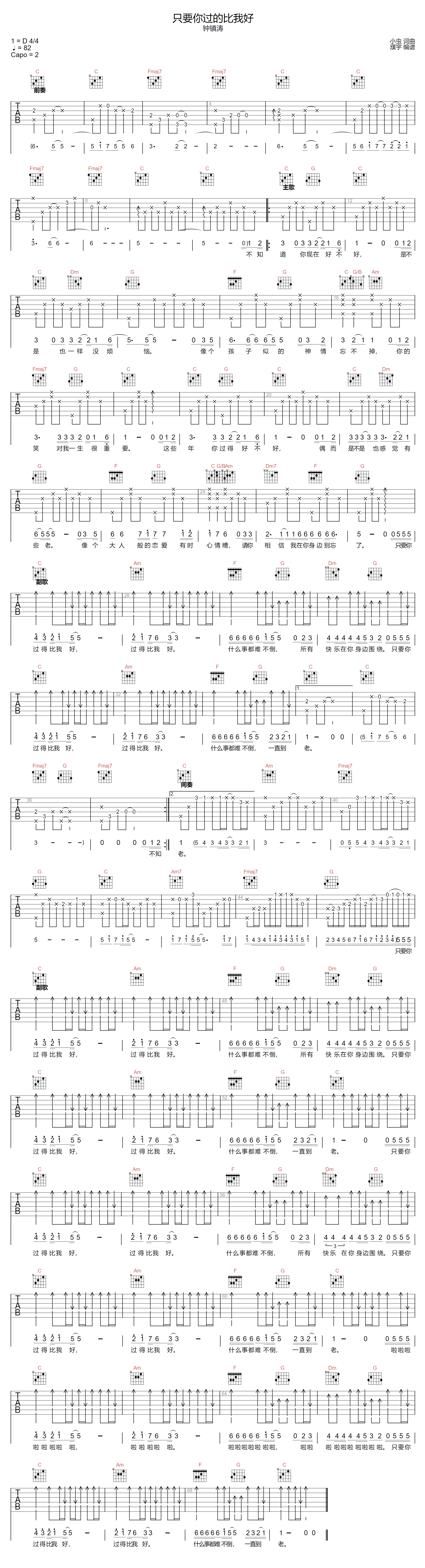只要你过得比我好吉他谱-钟镇涛-C调指法
