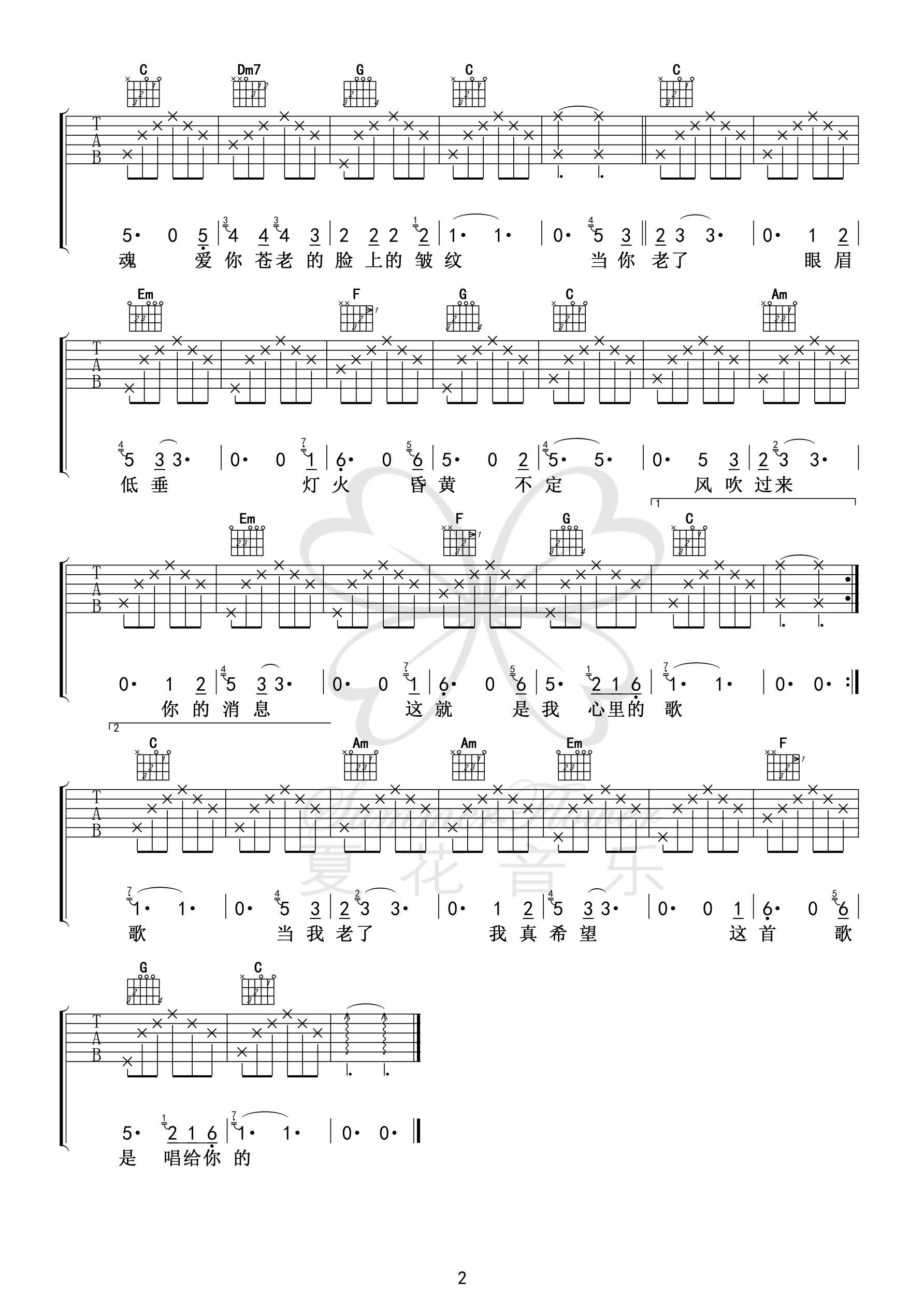 当你老了吉他谱2-赵照-C调指法