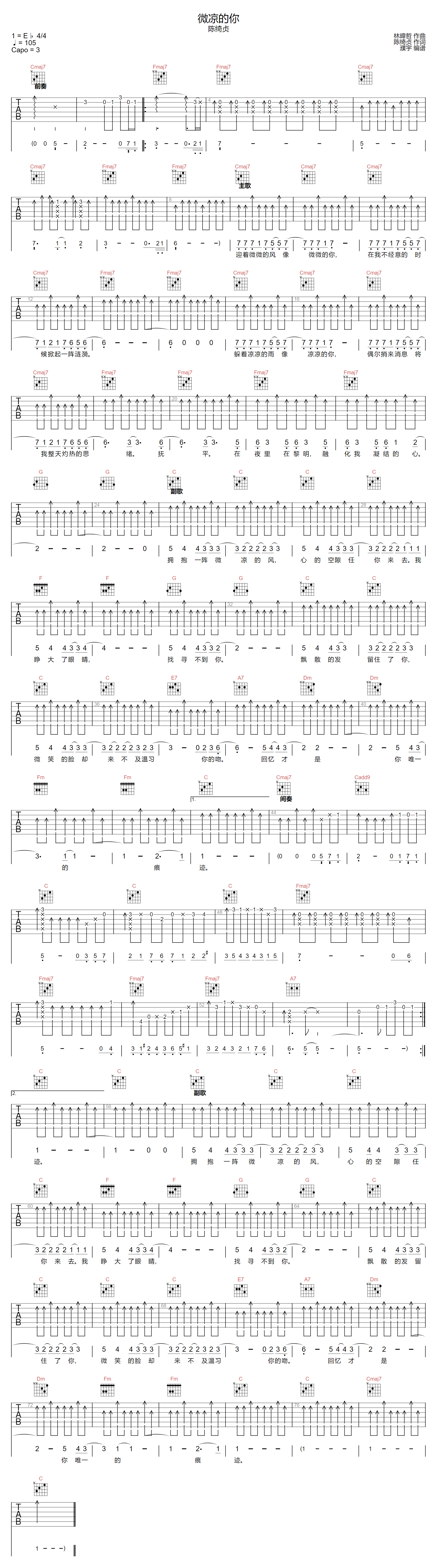 微凉的你吉他谱-陈绮贞-C调指法