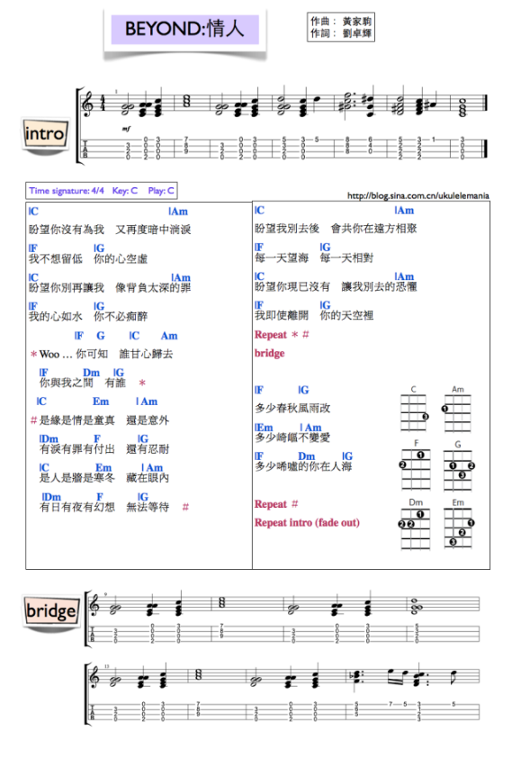 情人尤克里里谱-Beyond-C调指法