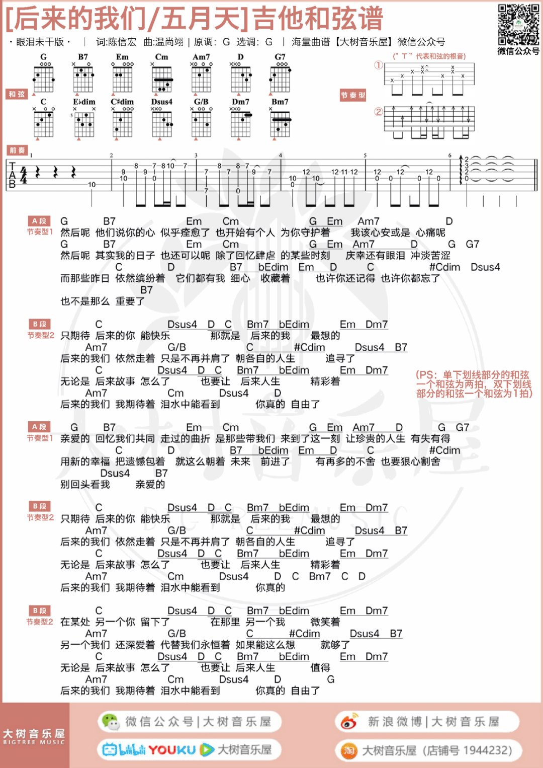 后来的我们吉他谱4-五月天-G调指法