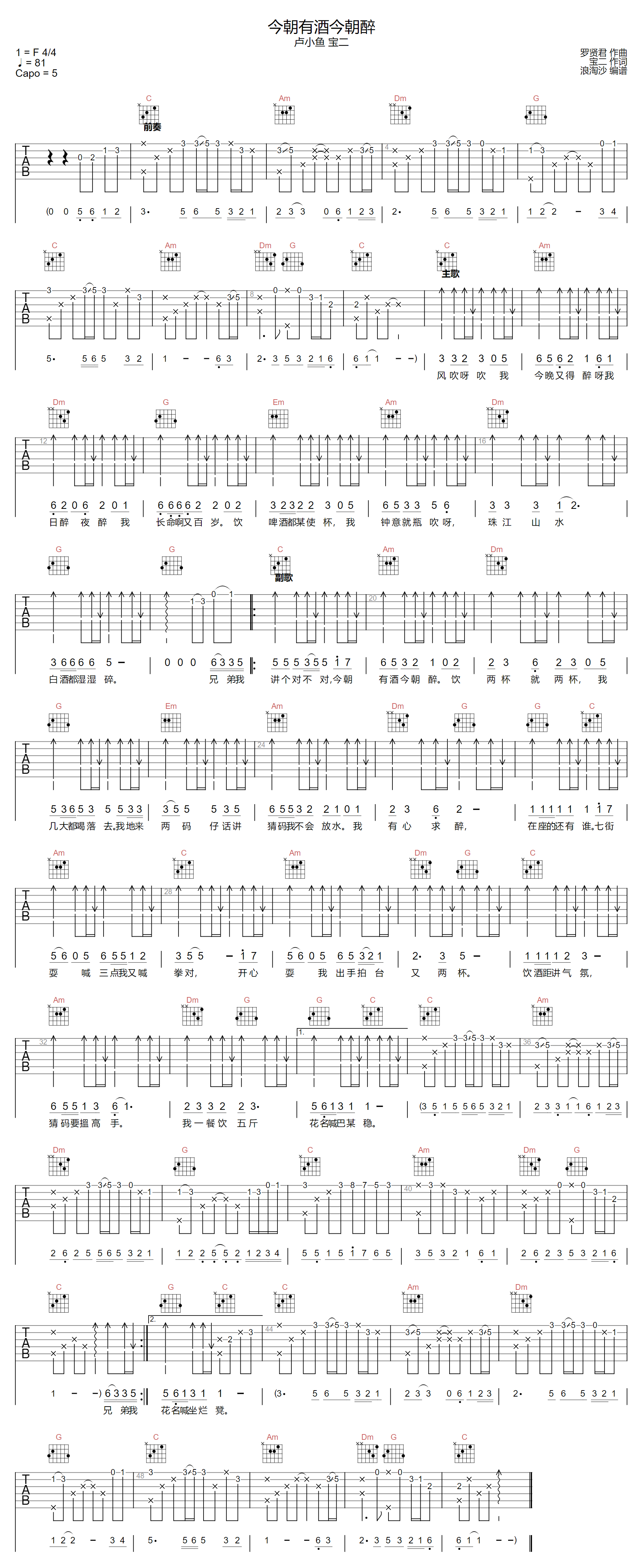 今朝有酒今朝醉吉他谱-卢小鱼-C调指法