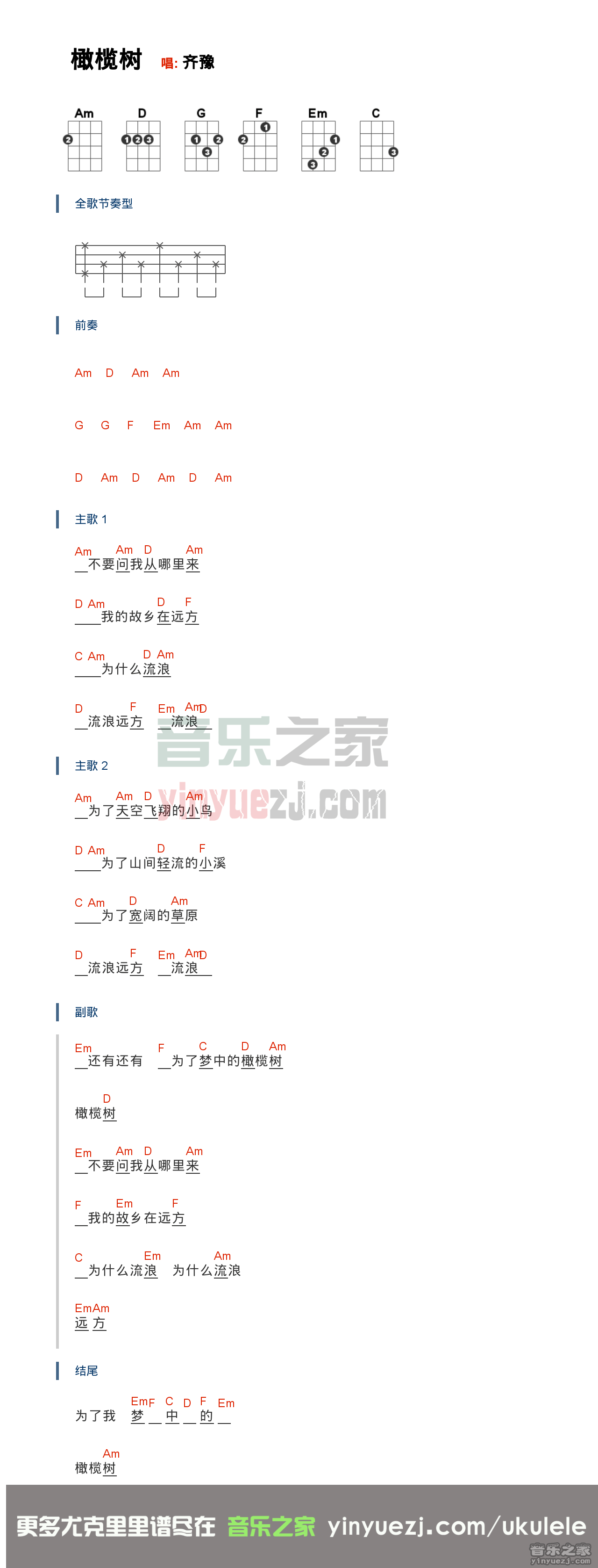 橄榄树尤克里里谱-齐豫-C调指法