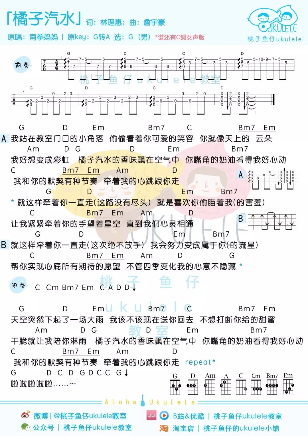 橘子汽水尤克里里谱-南拳妈妈-G调指法