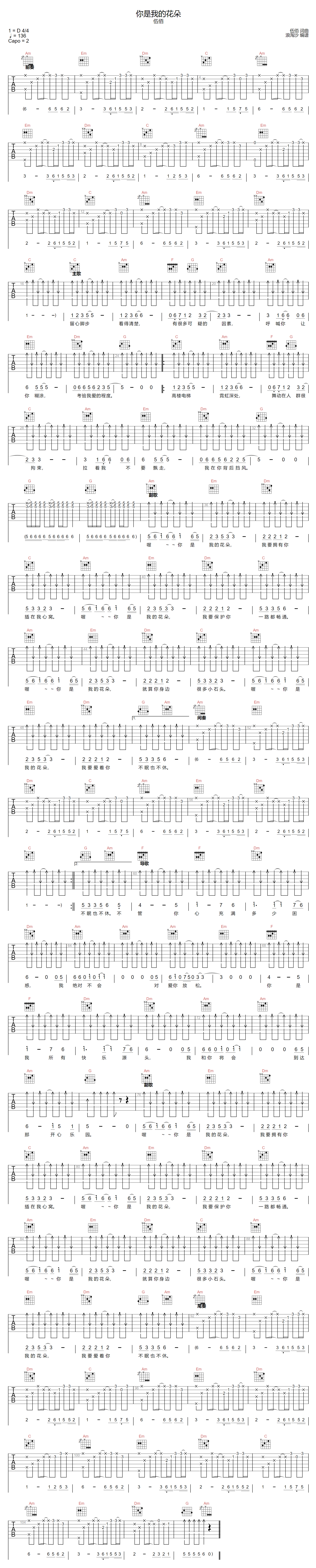 你是我的花朵吉他谱-伍佰-C调指法