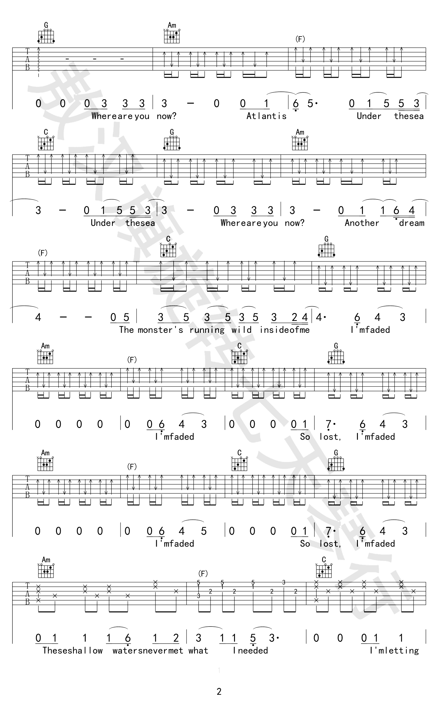 Faded吉他谱2-Alan-Walker-C调指法