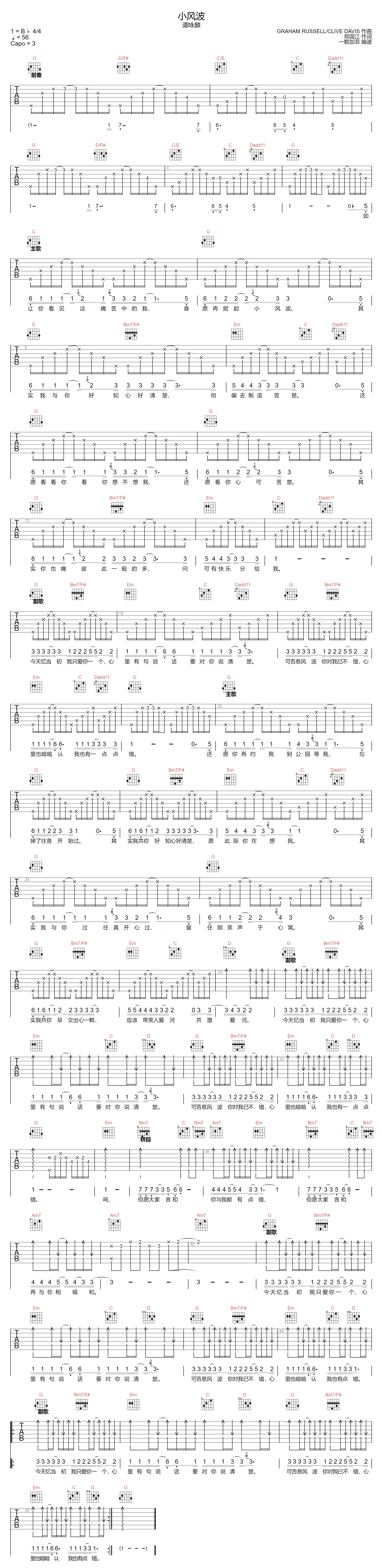 小风波吉他谱-谭咏麟-G调指法