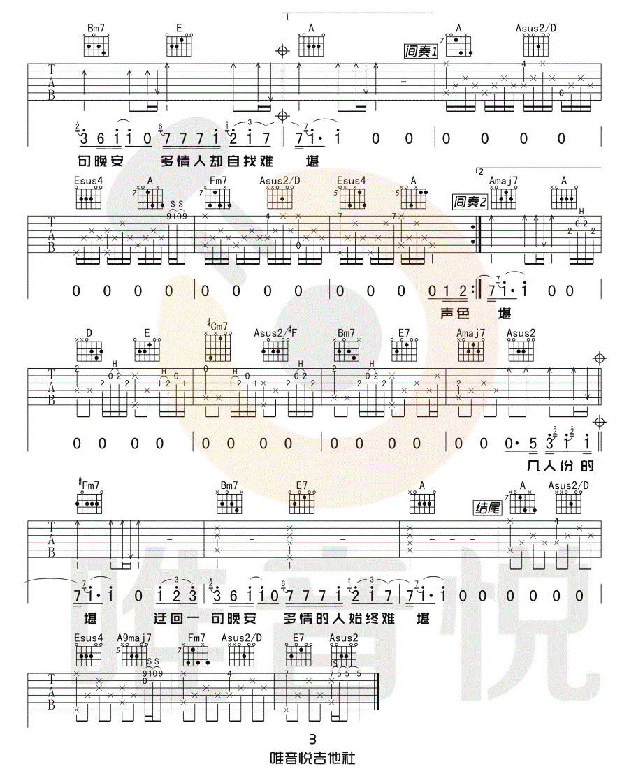 晚安吉他谱3-颜人中-A调指法