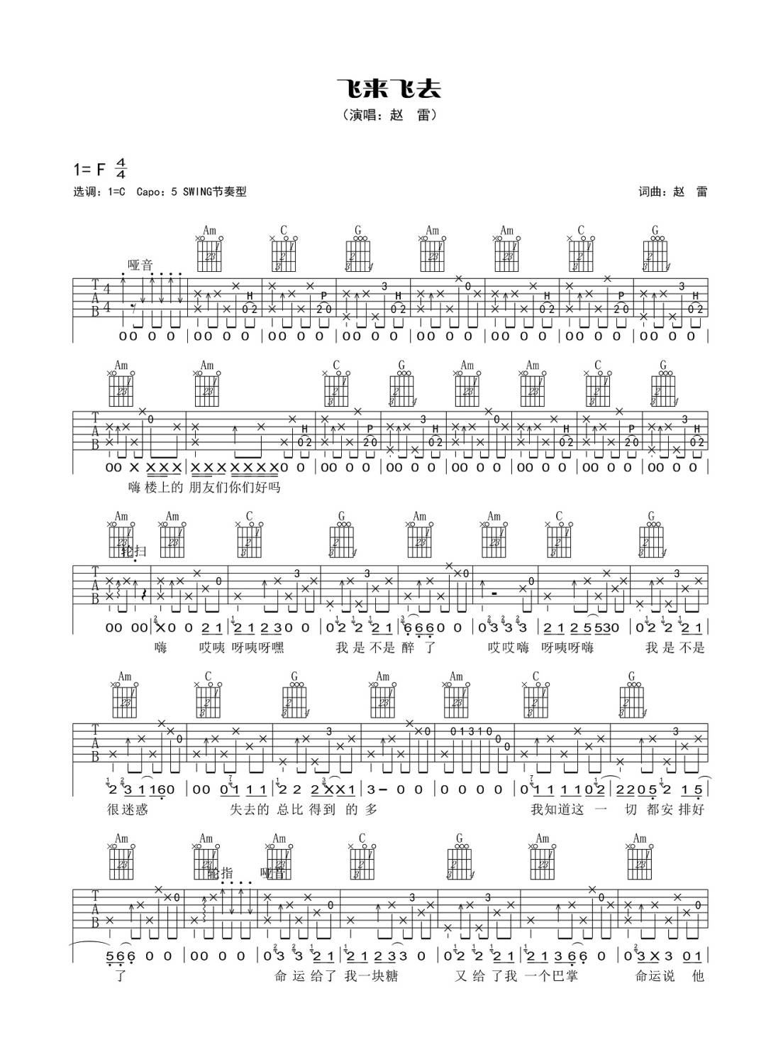 飞来飞去吉他谱1-赵雷-C调指法
