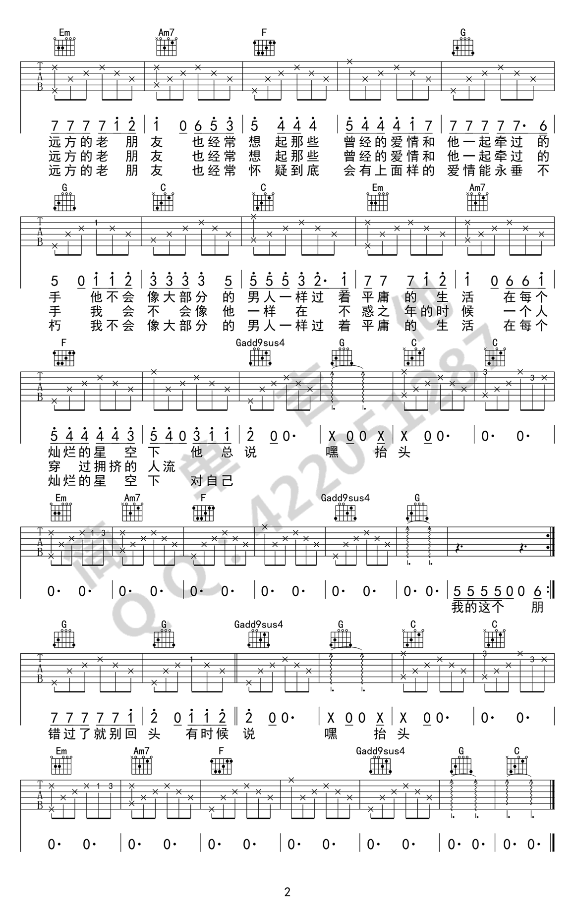 嘿抬头吉他谱2-贰佰-C调指法