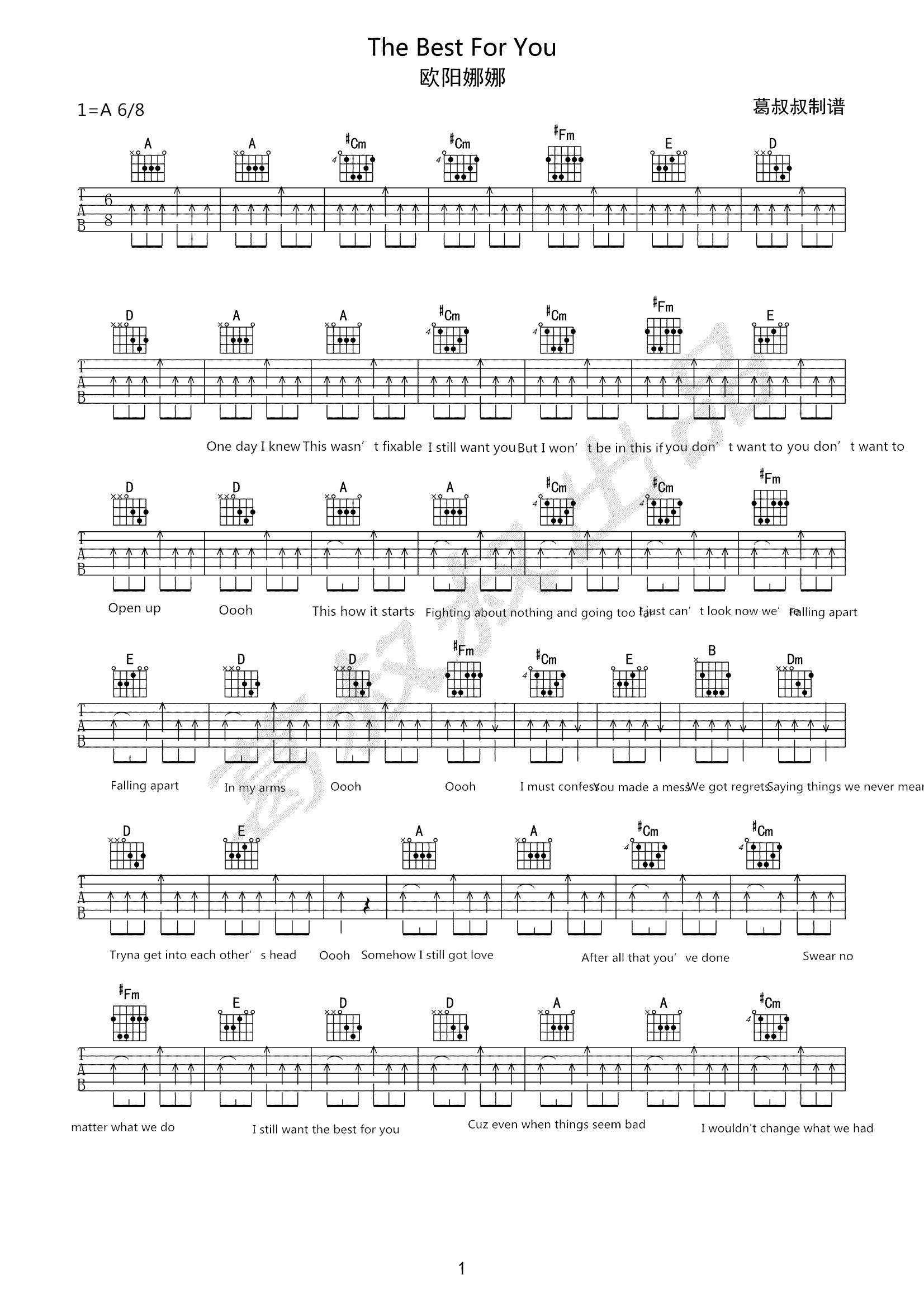 The-Best-For-You吉他谱1-欧阳娜娜-A调指法