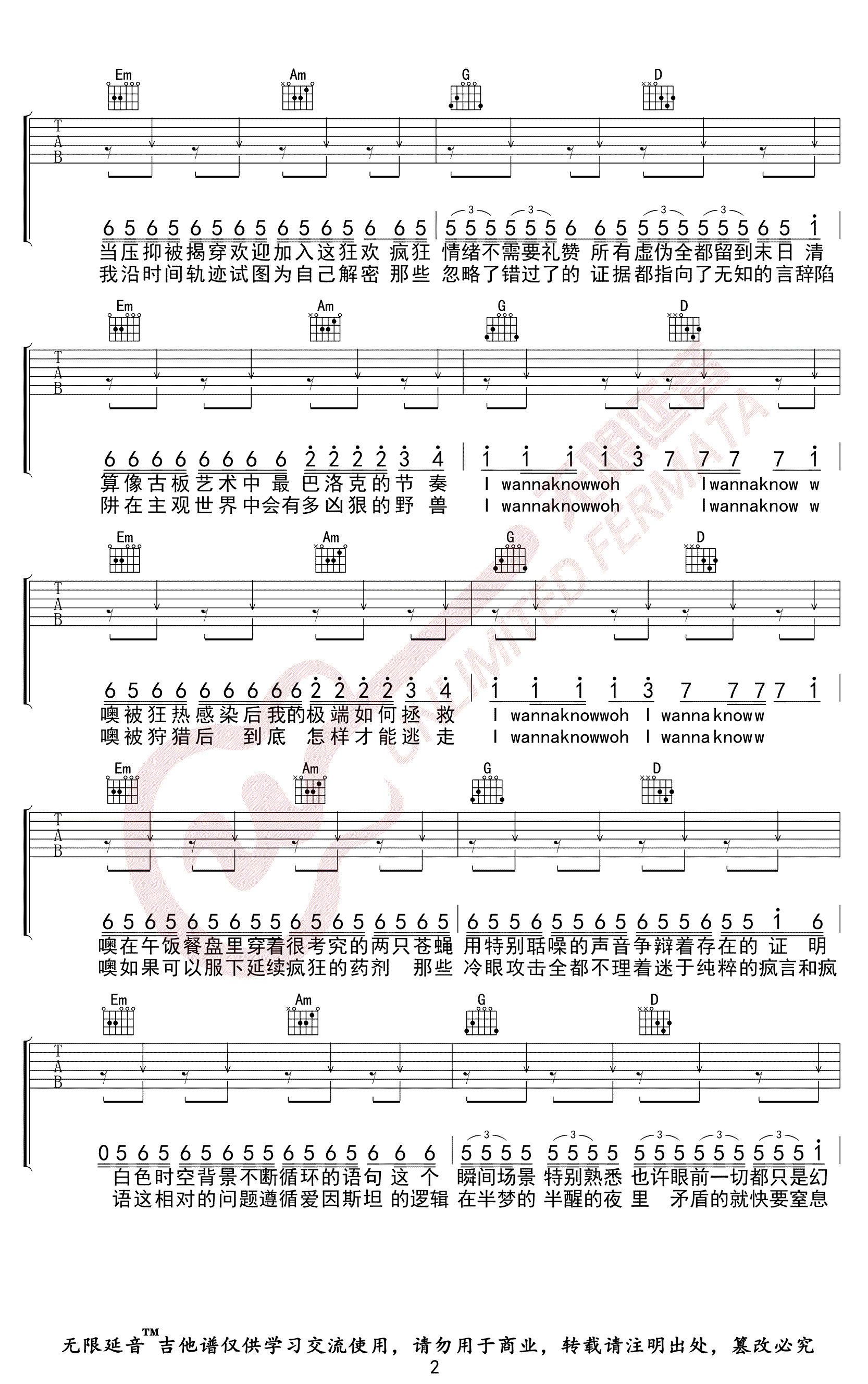 疯人院吉他谱2-华晨宇-G调指法