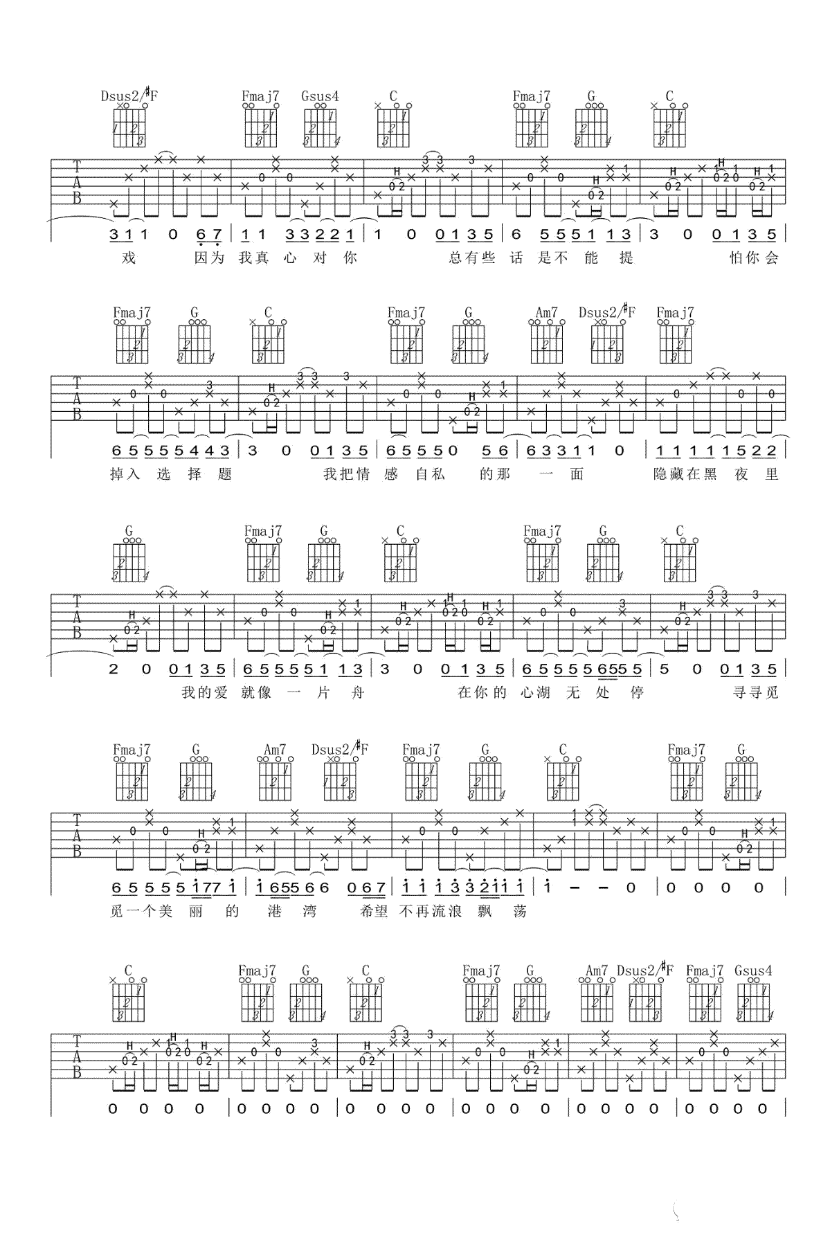 小宇吉他谱2-张震岳-C调指法