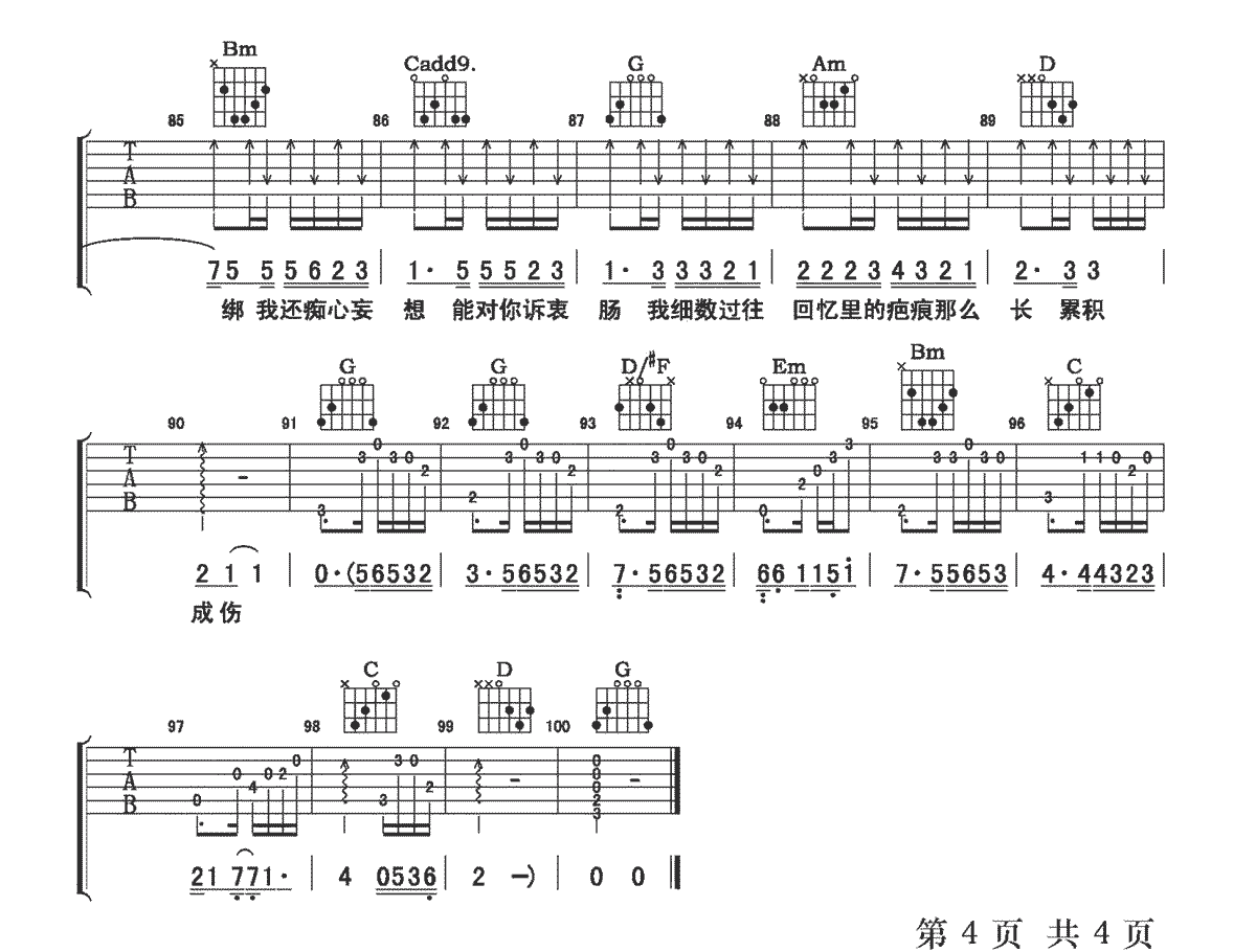 回忆那么伤吉他谱4-孙子涵-G调指法