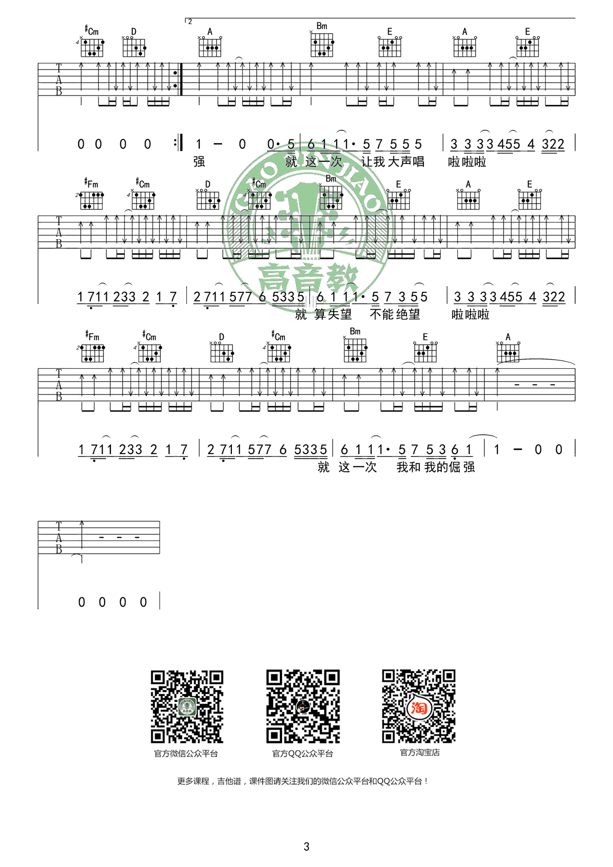 倔强吉他谱3-五月天-A调指法