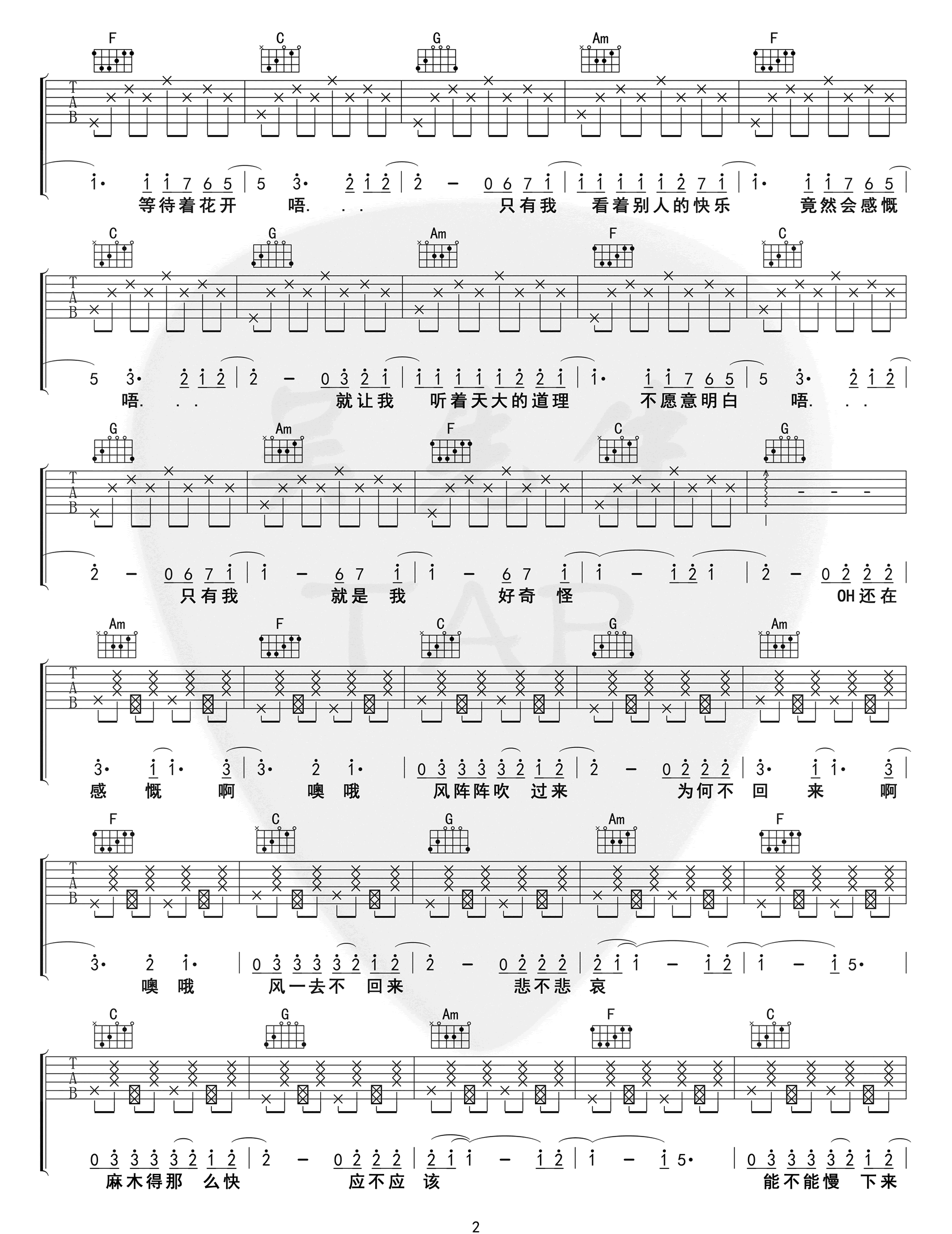 烟火里的尘埃吉他谱2-华晨宇-C调指法