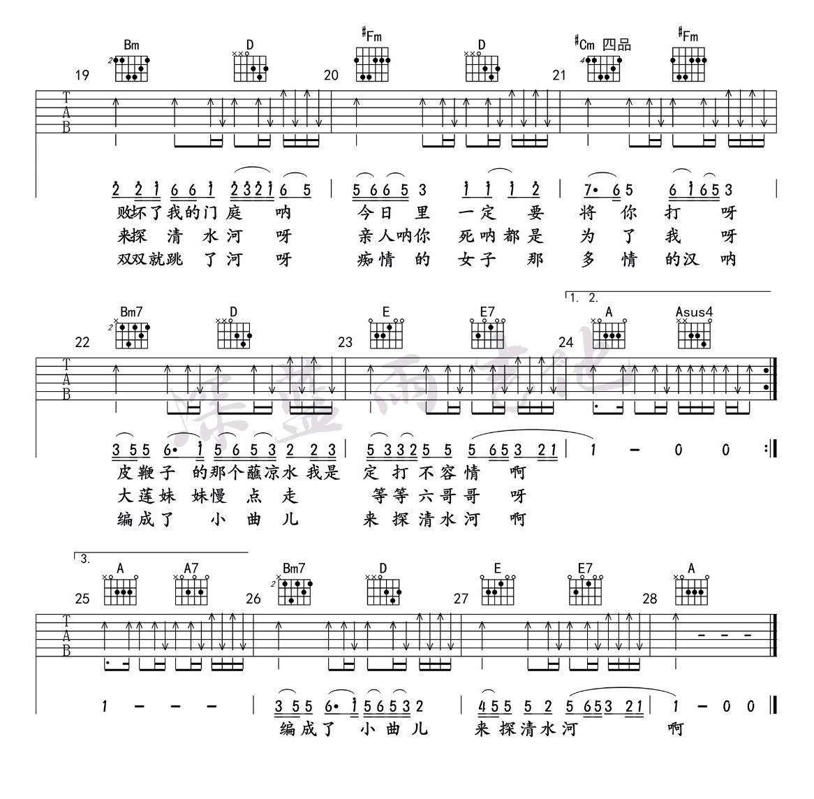 探清水河吉他谱3-晓月老板-G调指法