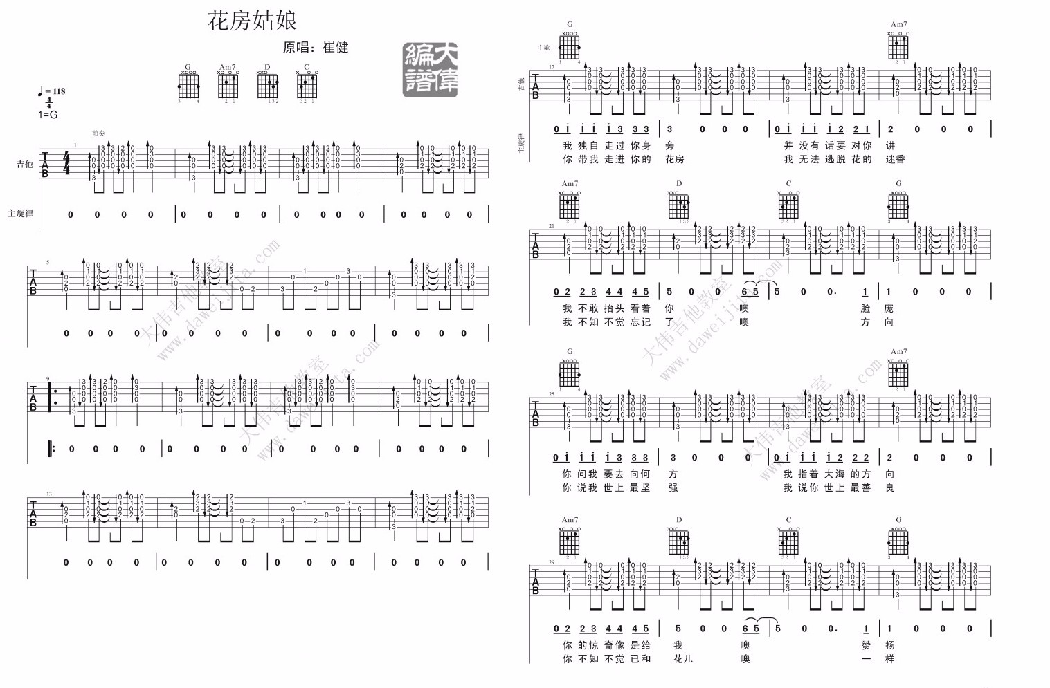 花房姑娘吉他谱1-崔健-G调指法