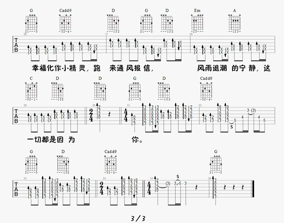 小精灵吉他谱3-吴青峰-G调指法