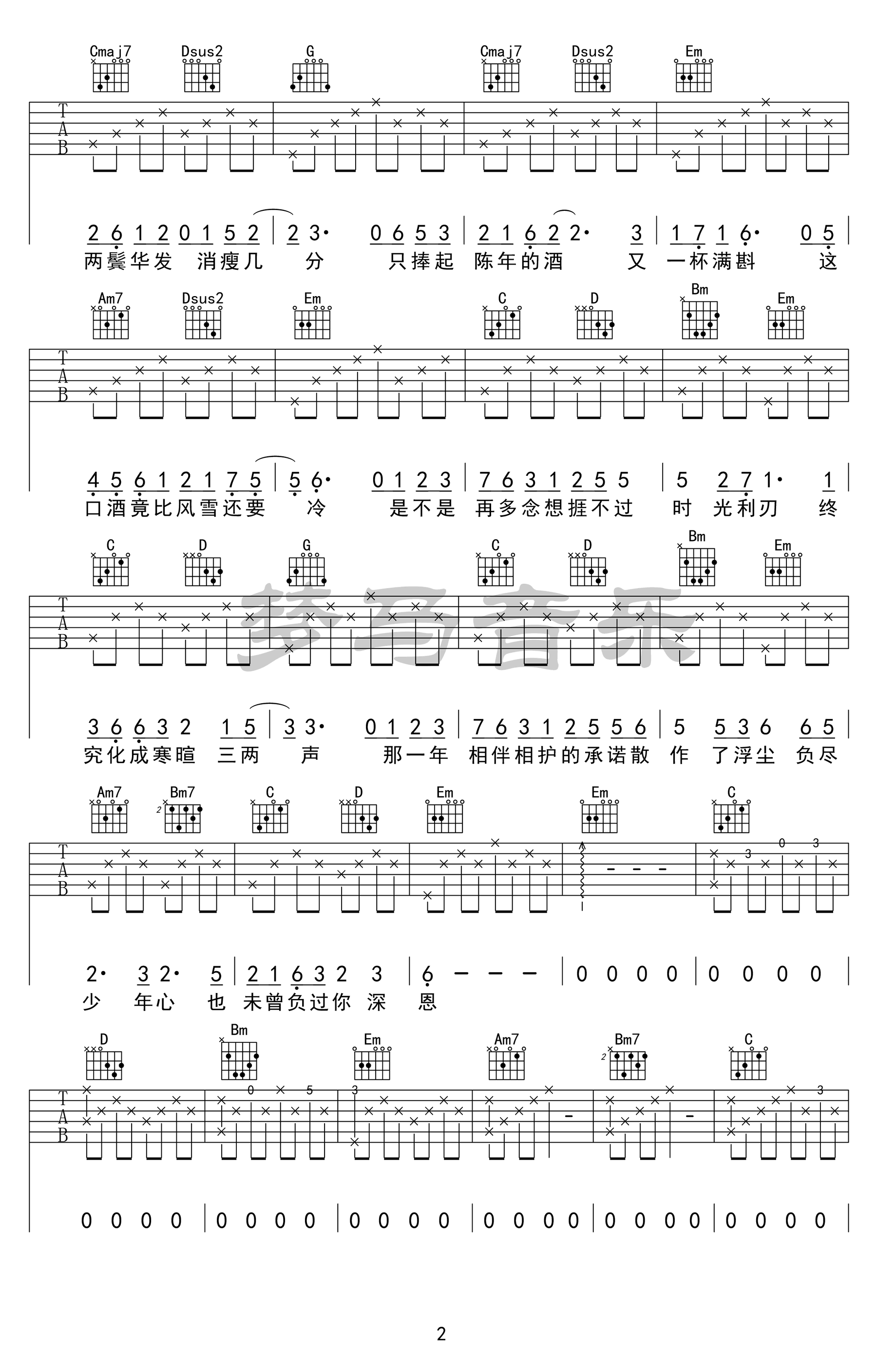 如寄吉他谱2-萧忆情-C调指法