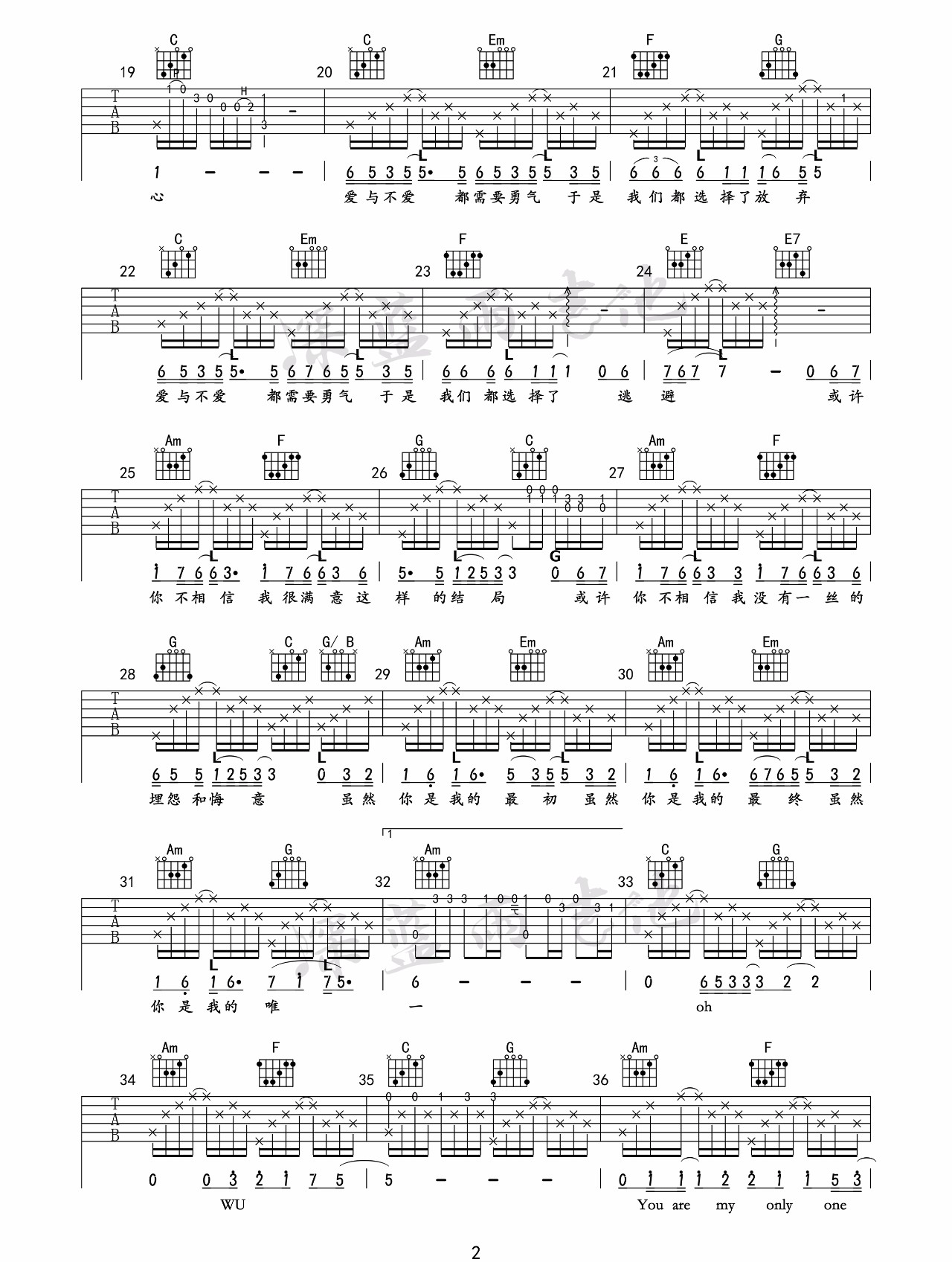 你是我的唯一吉他谱2-林俊杰-C调指法