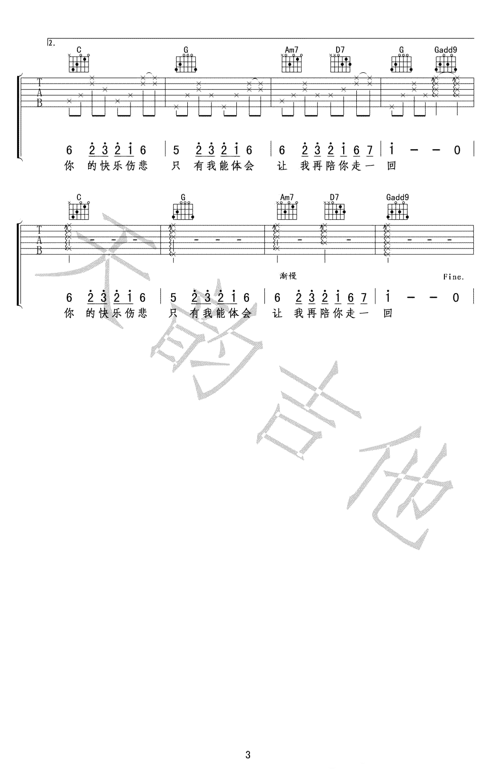 当你孤单你会想起谁吉他谱3-张栋梁-G调指法