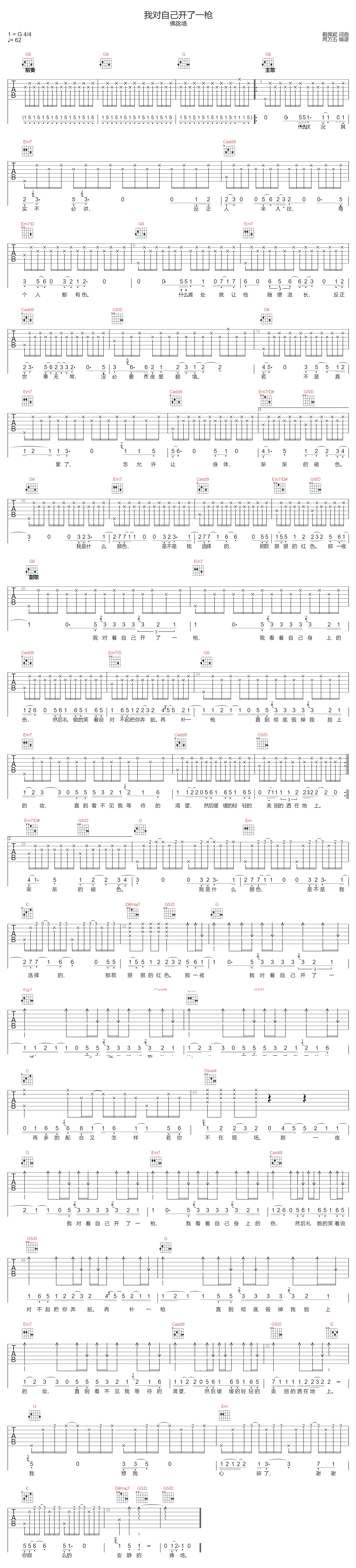 我对自己开了一枪吉他谱-佛跳墙-G调指法