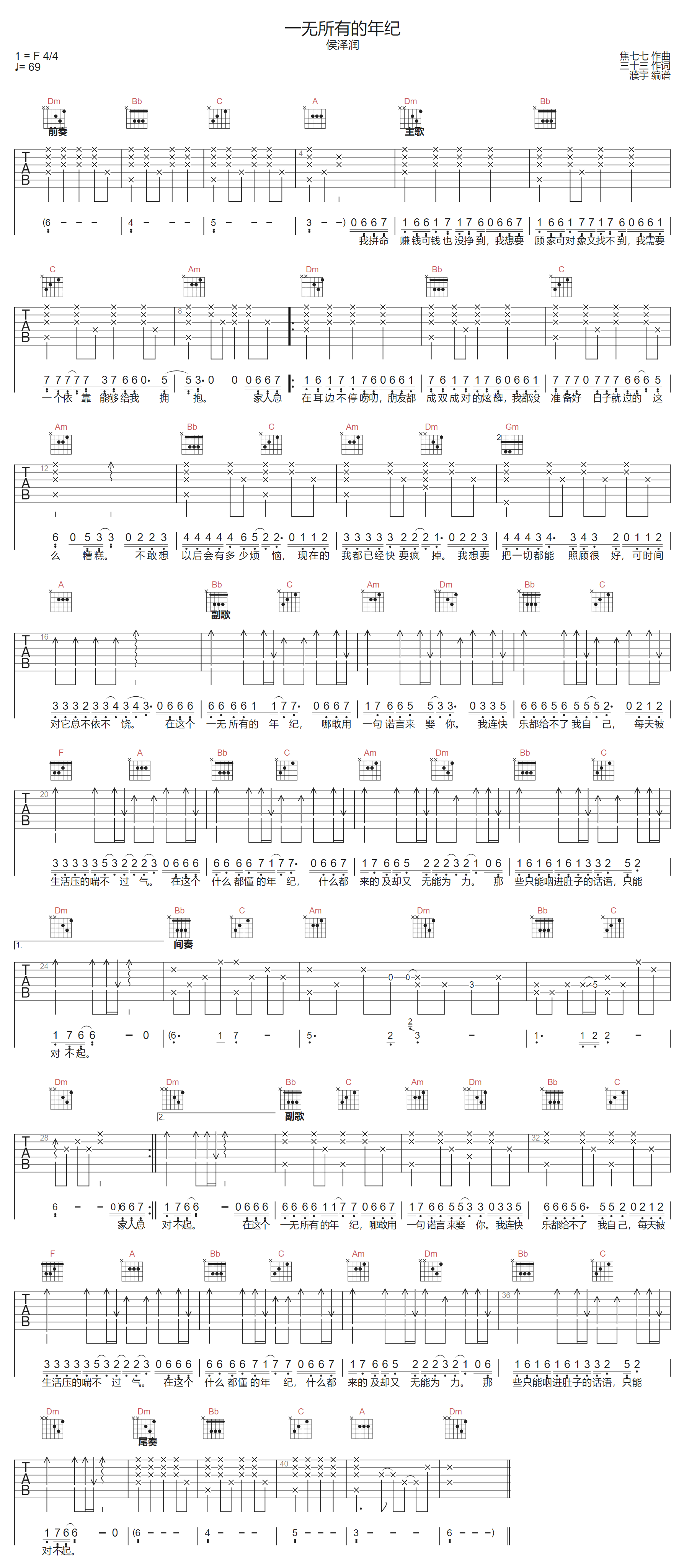一无所有的年纪吉他谱-侯泽润-F调指法