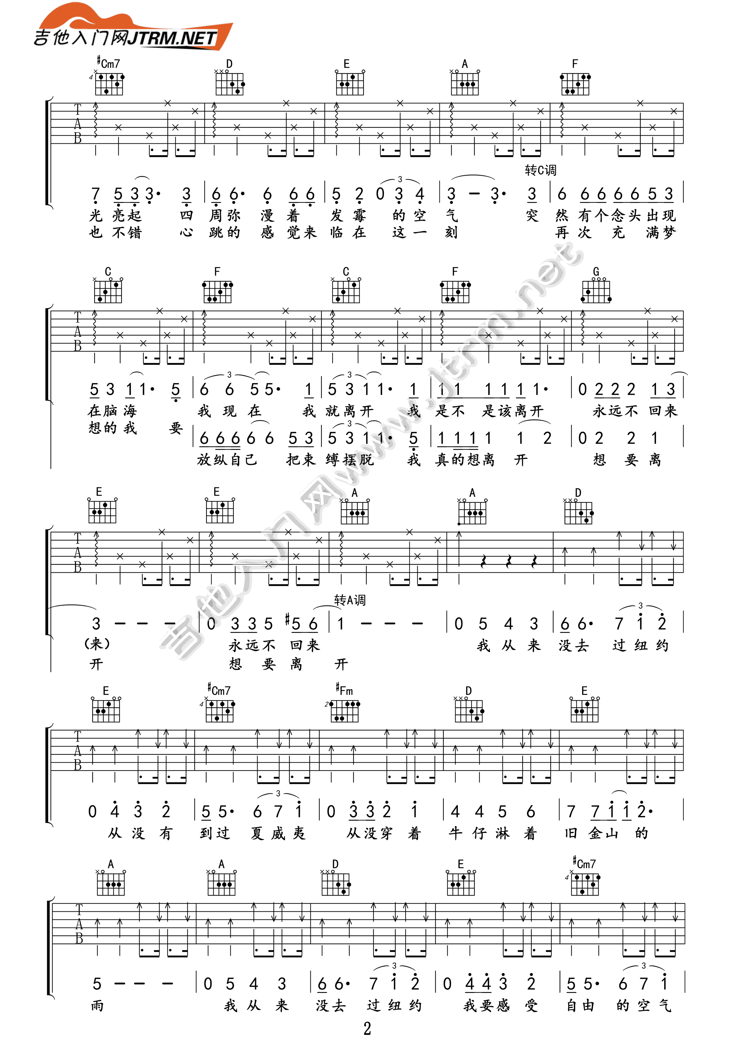 我从来没去过纽约吉他谱2-筷子兄弟-C调指法