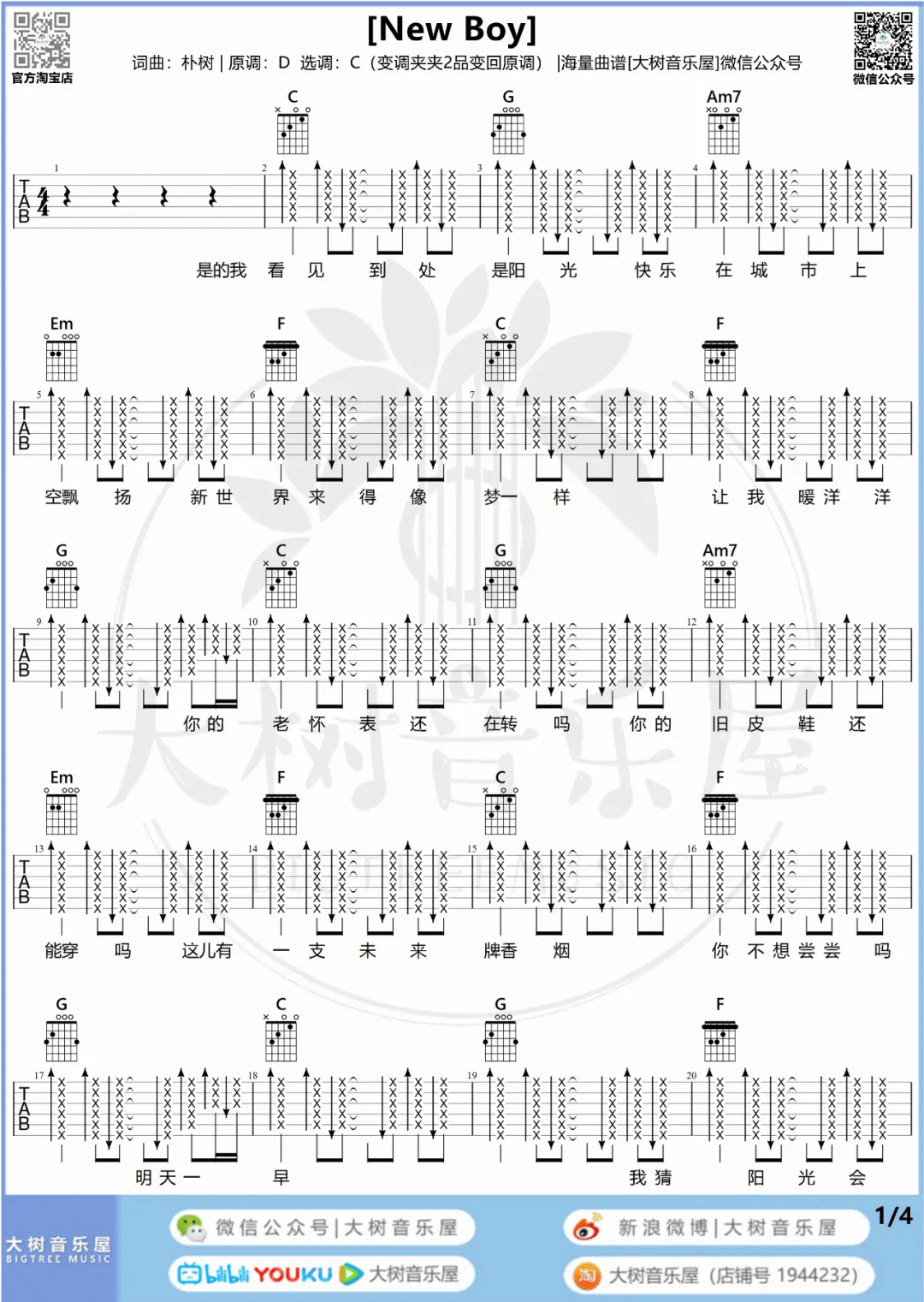 New-Boy吉他谱1-朴树-C调指法
