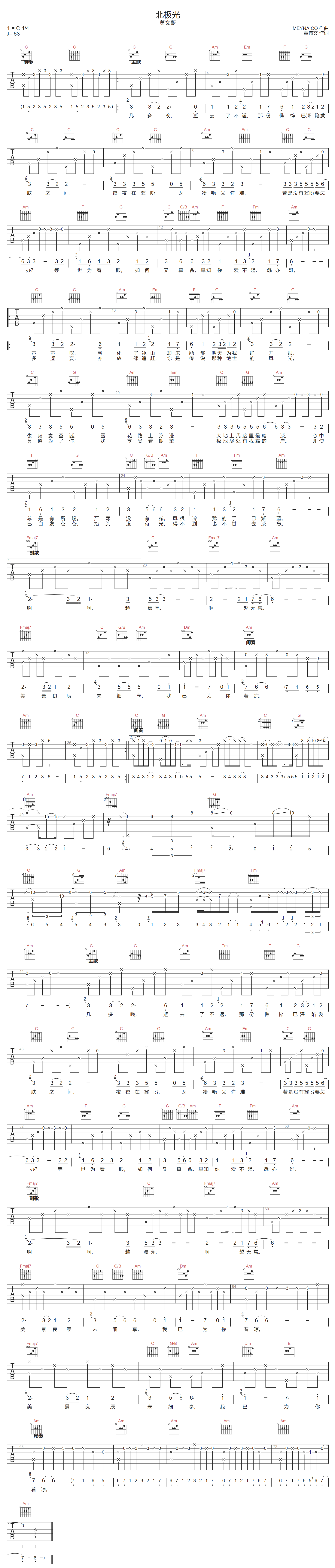 北极光吉他谱-莫文蔚-C调指法