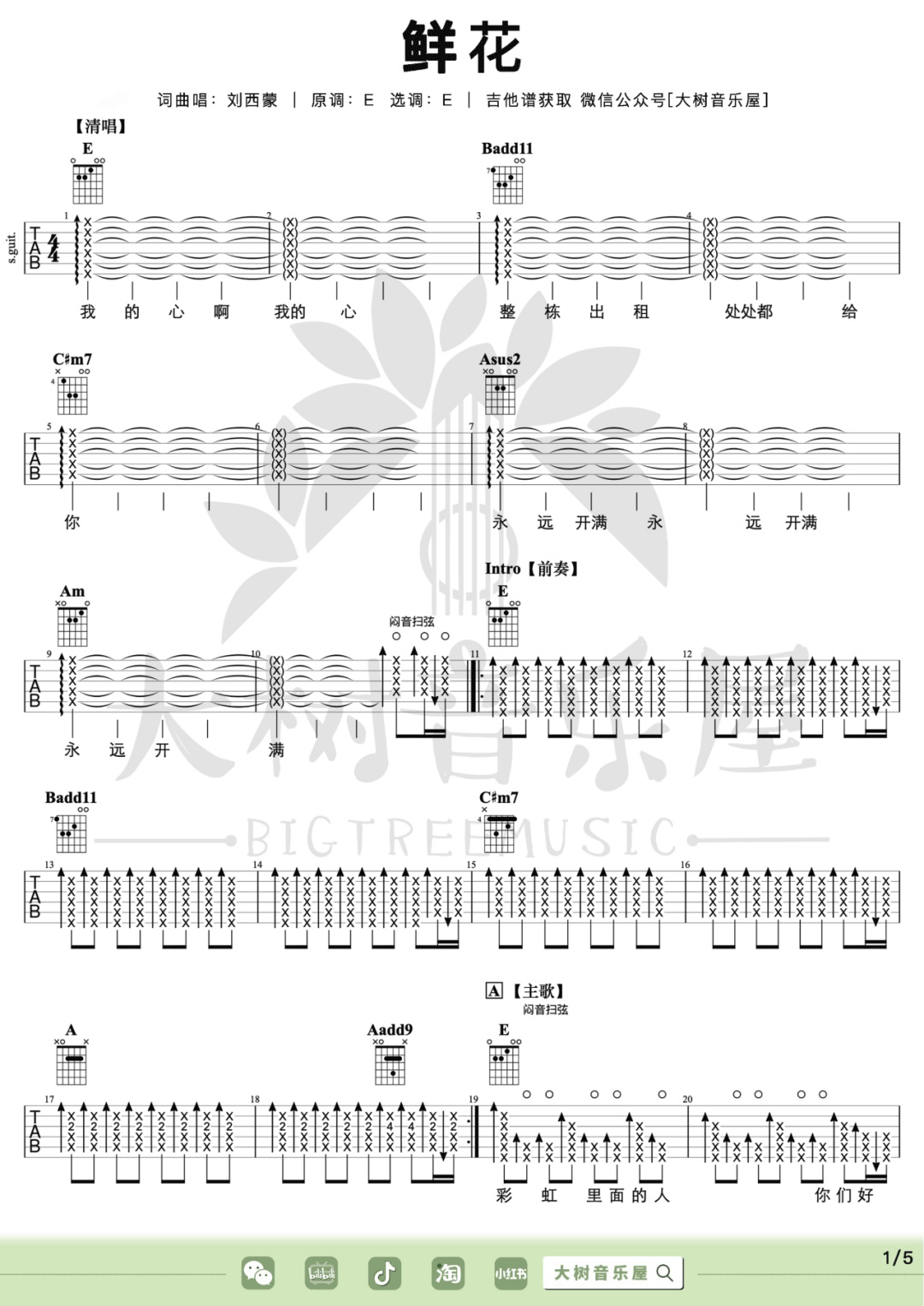 鲜花吉他谱1-回春丹乐队-E调指法