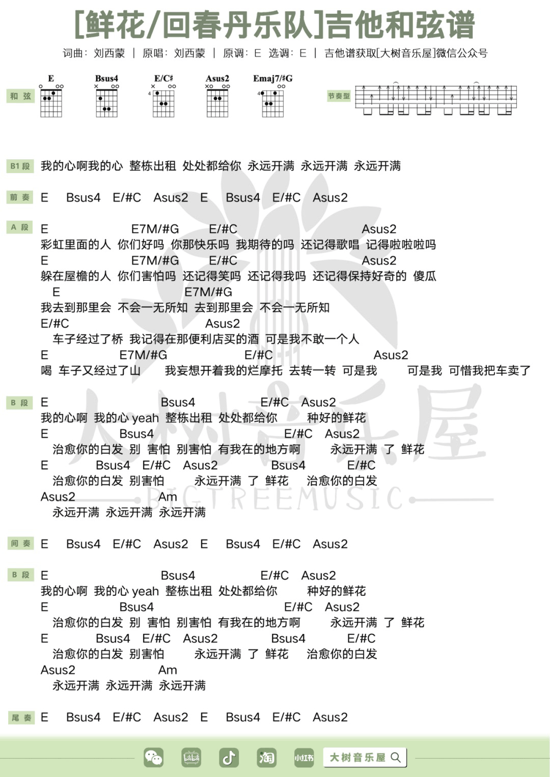 鲜花吉他谱6-回春丹乐队-E调指法