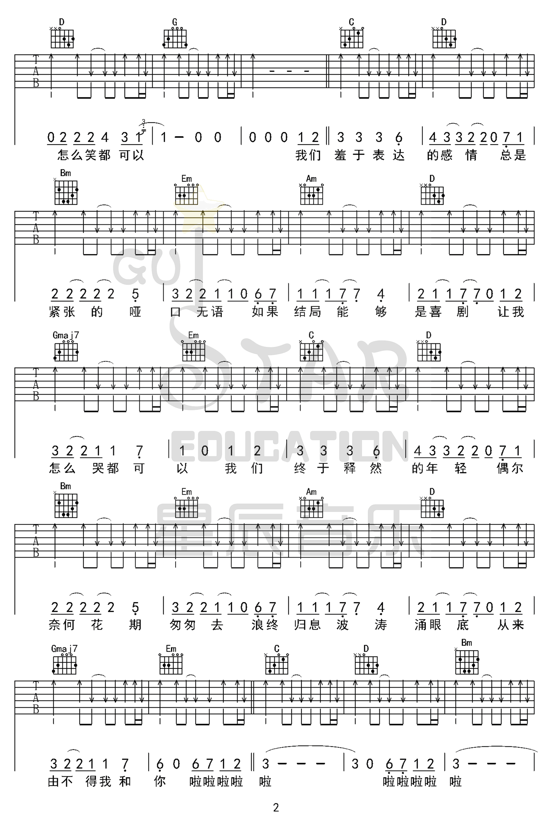 我们羞于表达的感情吉他谱2-大张伟-G调指法