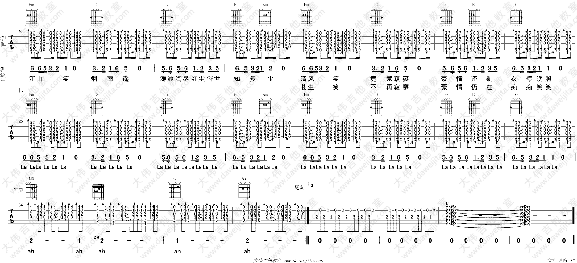 沧海一声笑吉他谱2-许冠杰-G调指法