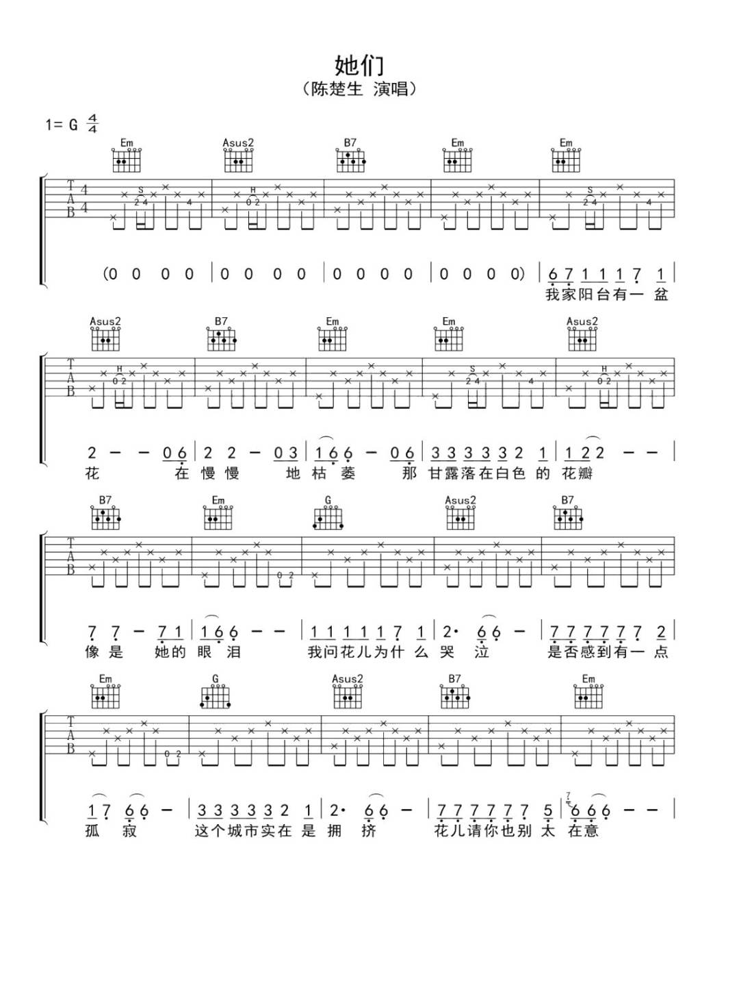 她们吉他谱1-陈楚生-G调指法