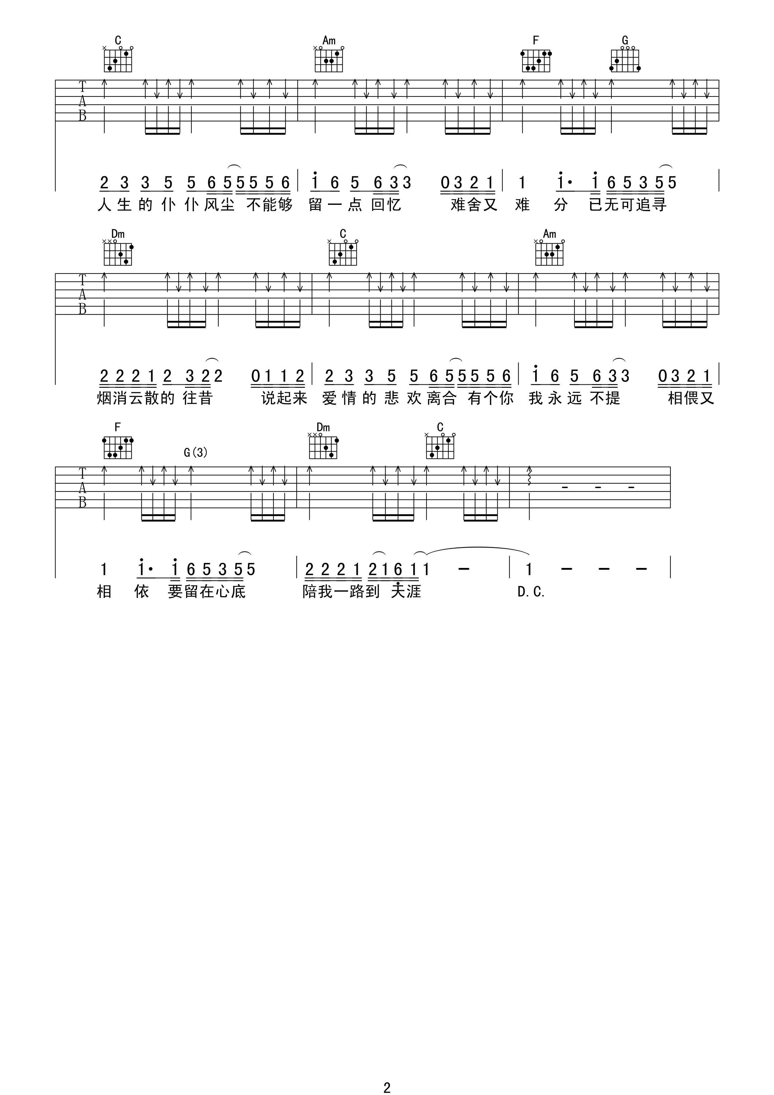 难舍难分吉他谱2-谭咏麟-C调指法
