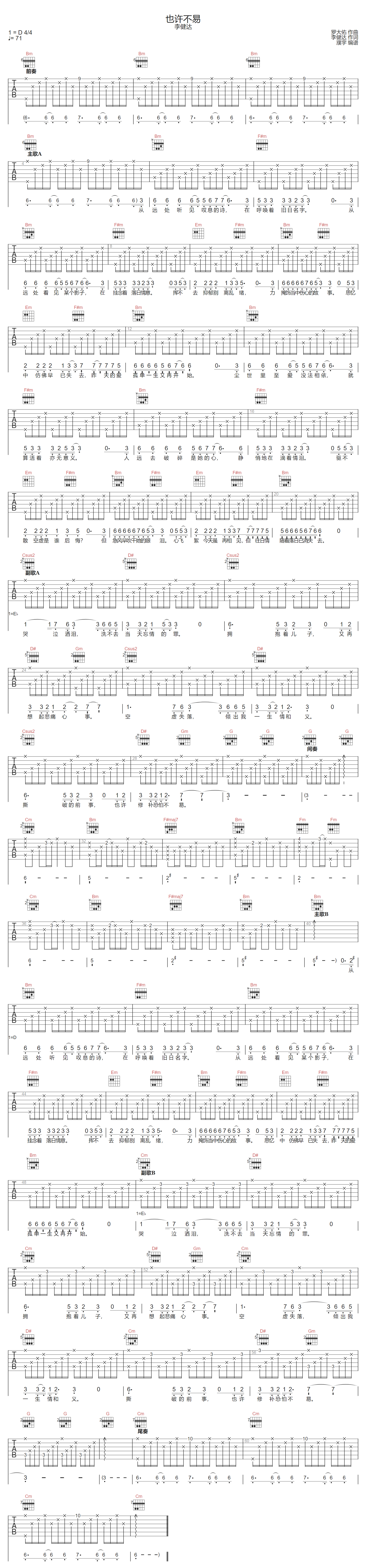 也许不易吉他谱-李健达-D调指法