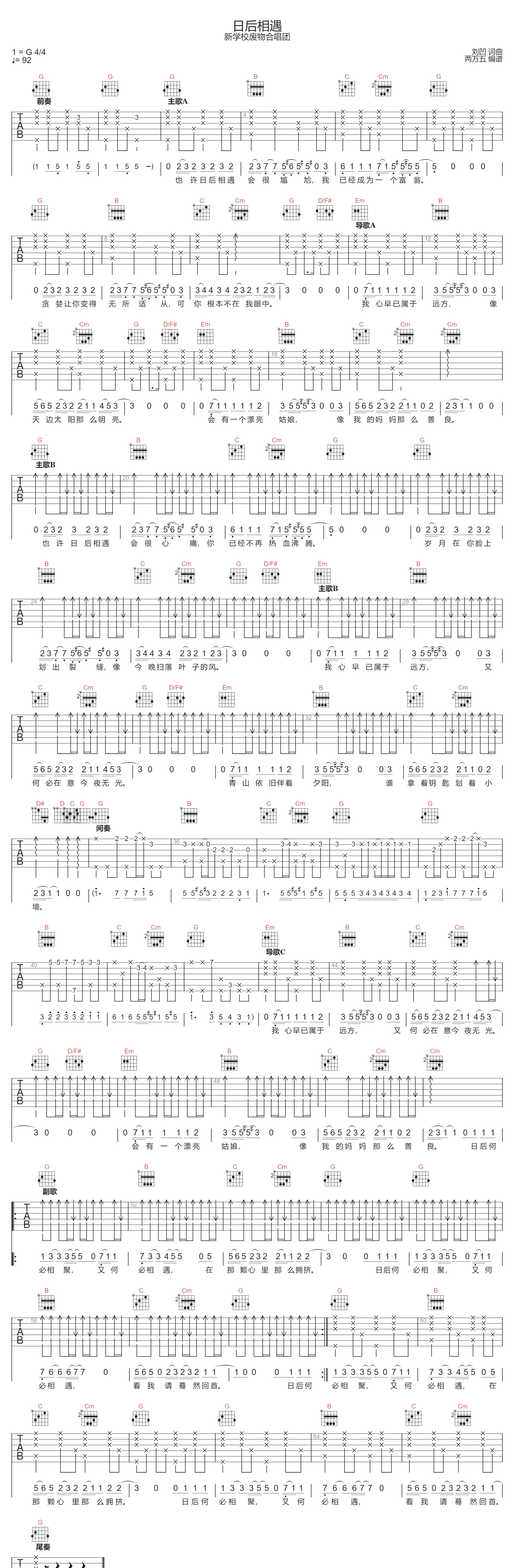 日后相遇吉他谱-新学校废物合唱团-G调指法
