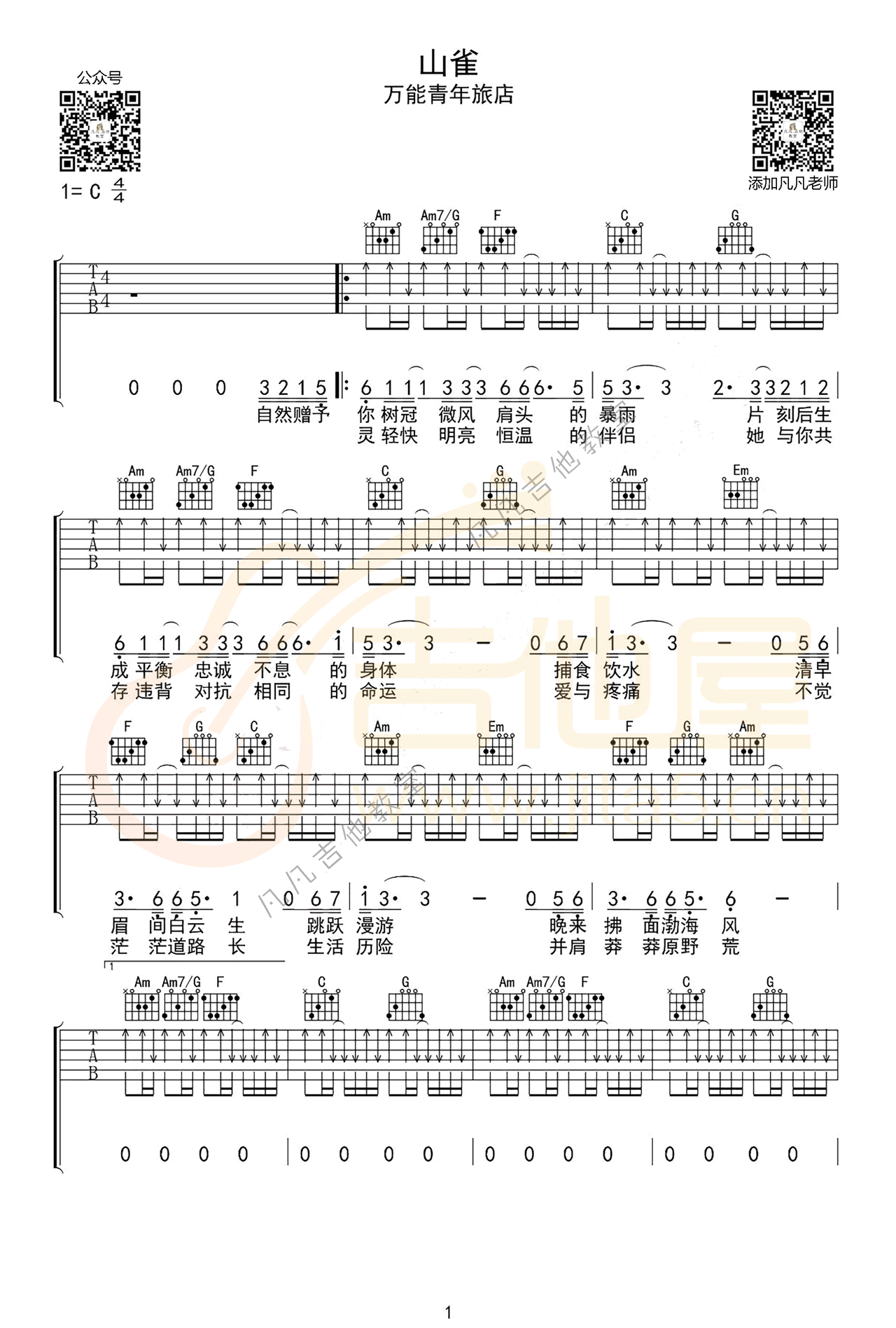 山雀吉他谱1-万能青年旅店-C调指法