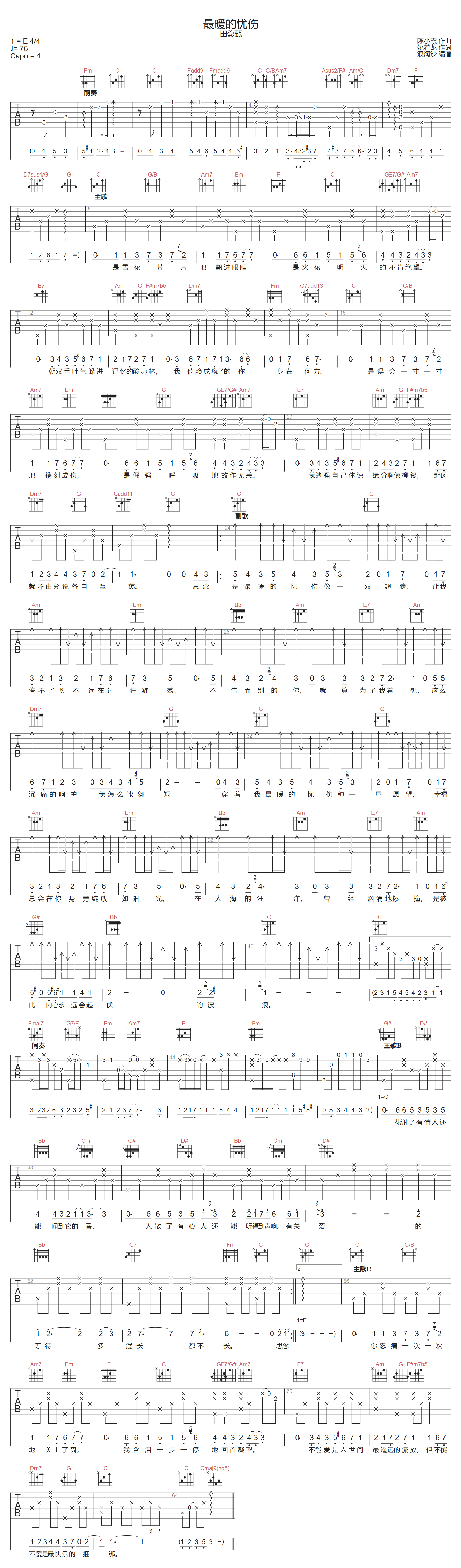最暖的忧伤吉他谱-田馥甄-C调指法