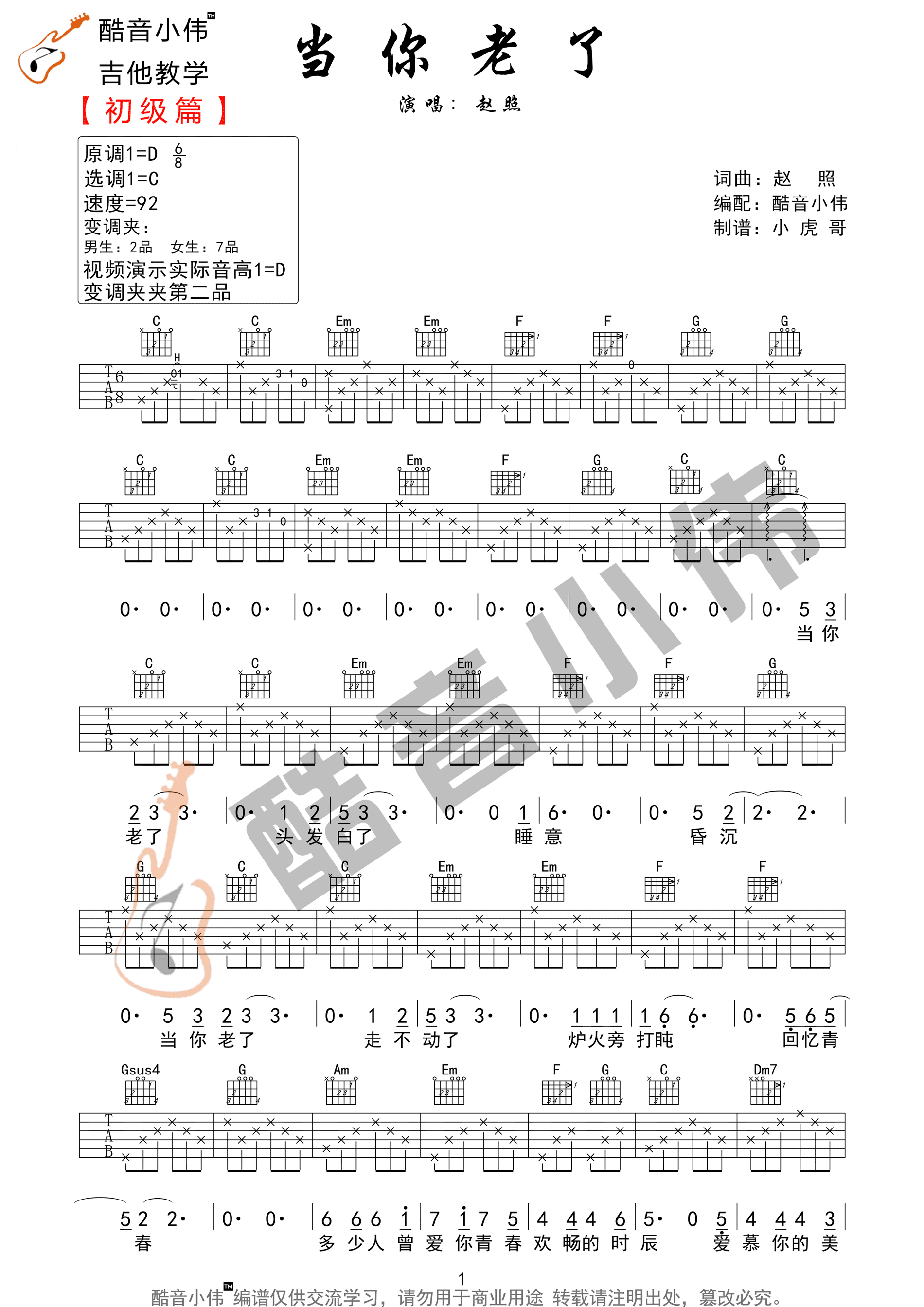 当你老了吉他谱1-赵照-C调指法