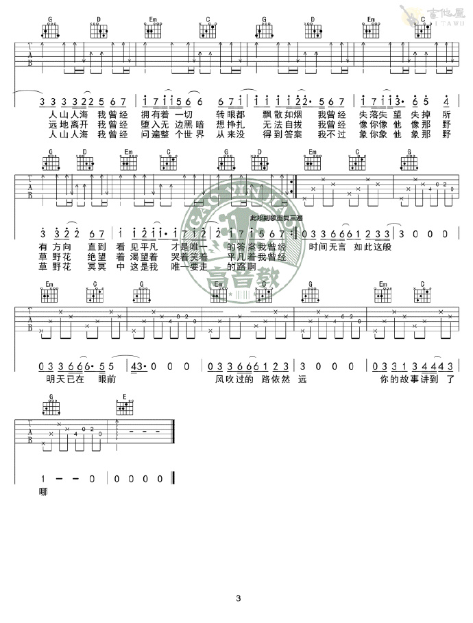 平凡之路吉他谱3-朴树-G调指法