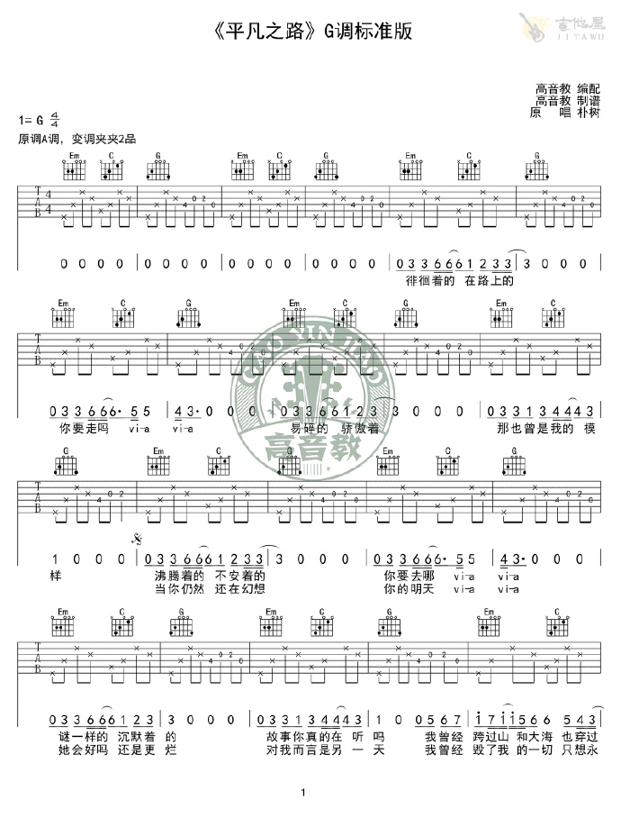 平凡之路吉他谱1-朴树-G调指法