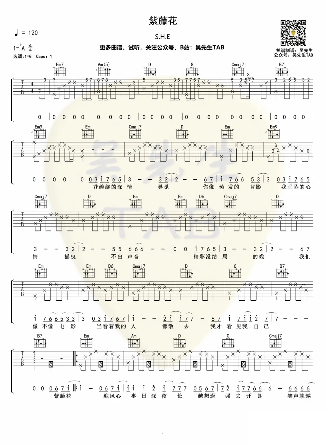 紫藤花吉他谱1-S.H.E-G调指法