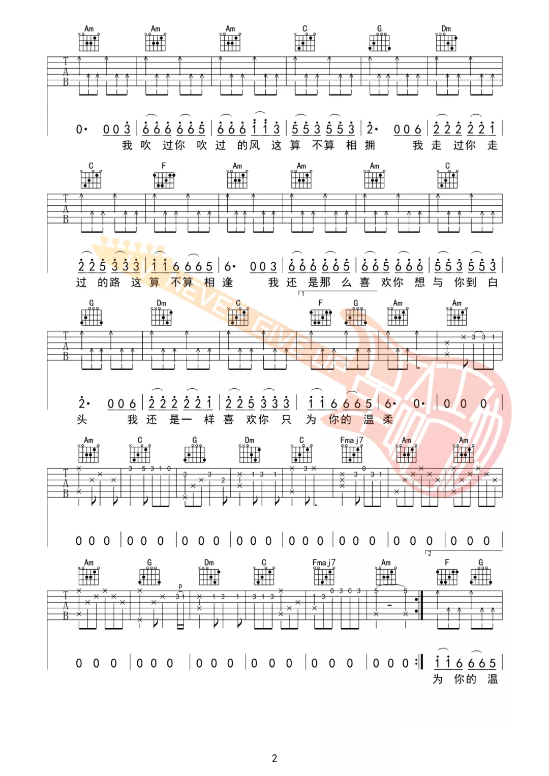 听闻远方有你吉他谱2-刘艺雯-C调指法