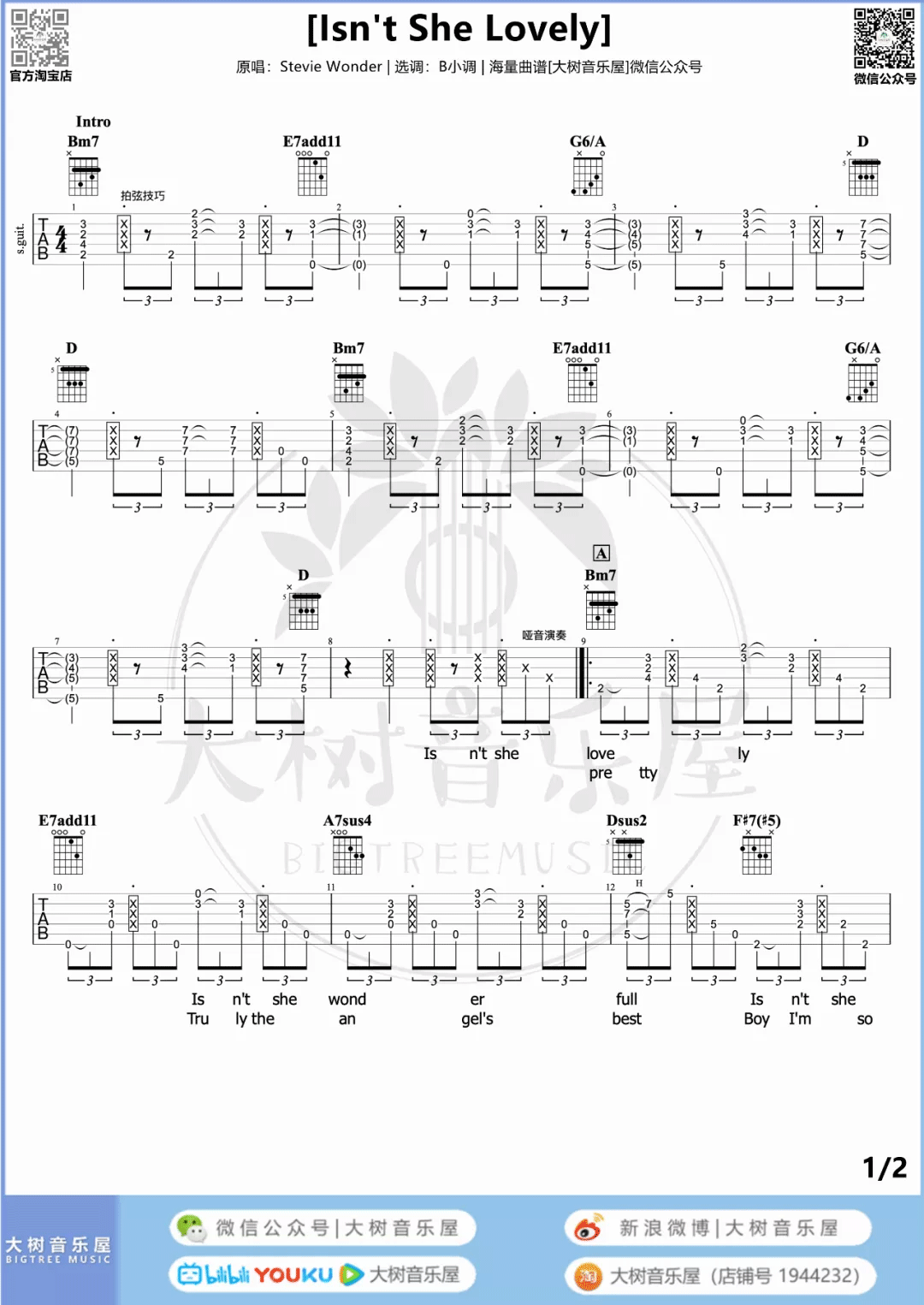 Isn't-She-Lovely吉他谱1-Stevie-Wonder-D调指法