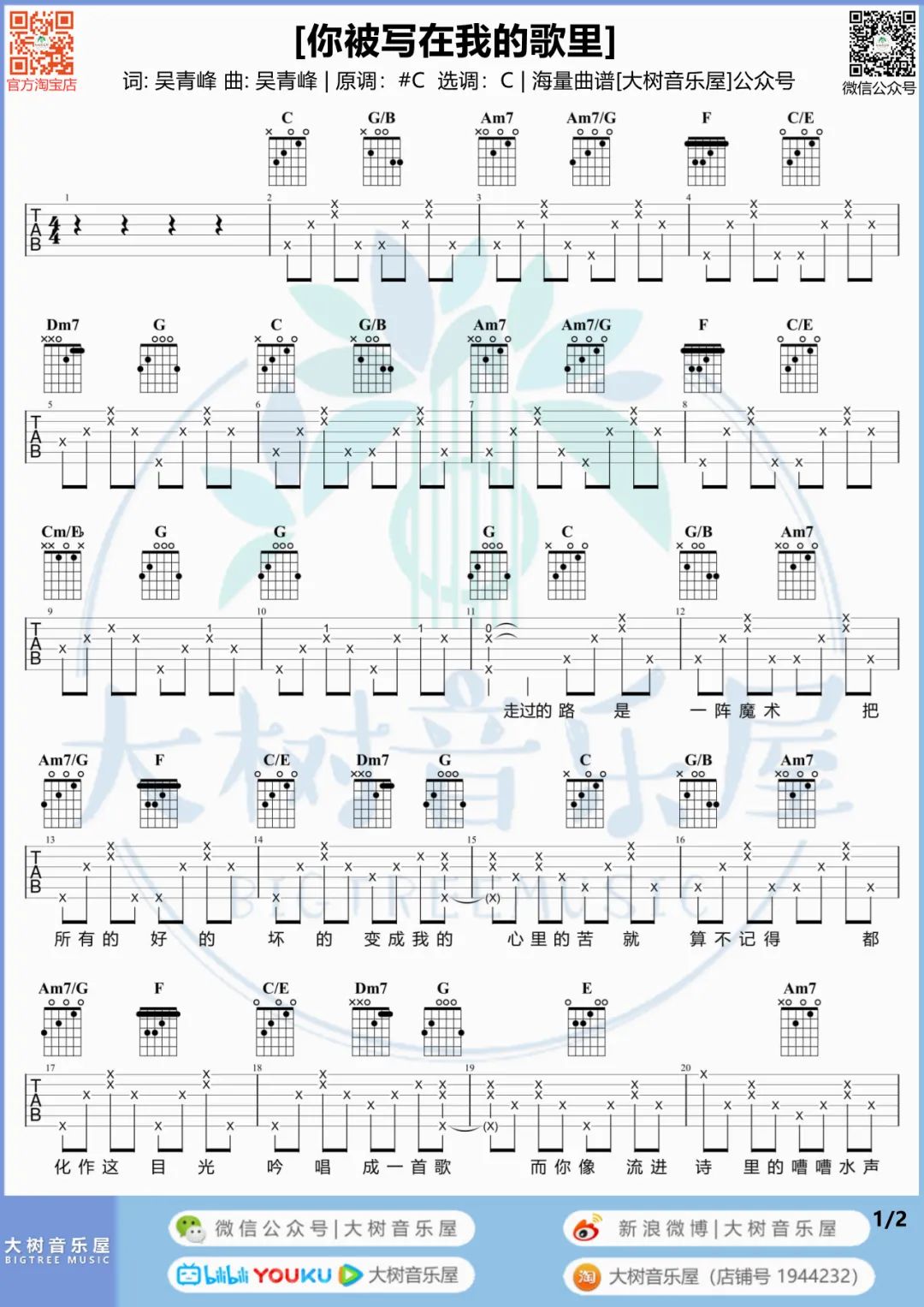 你被写在我的歌吉他谱1-苏打绿-C调指法