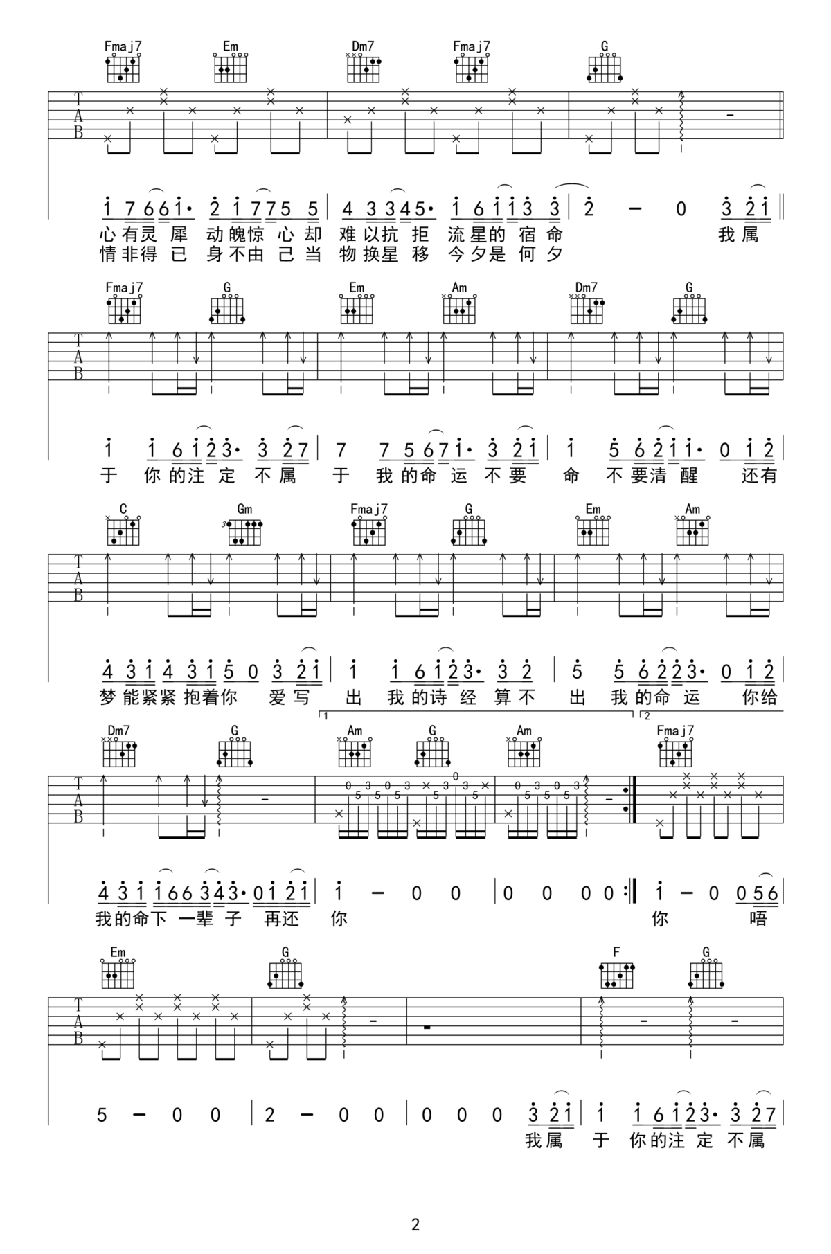 命运吉他谱2-家家-C调指法